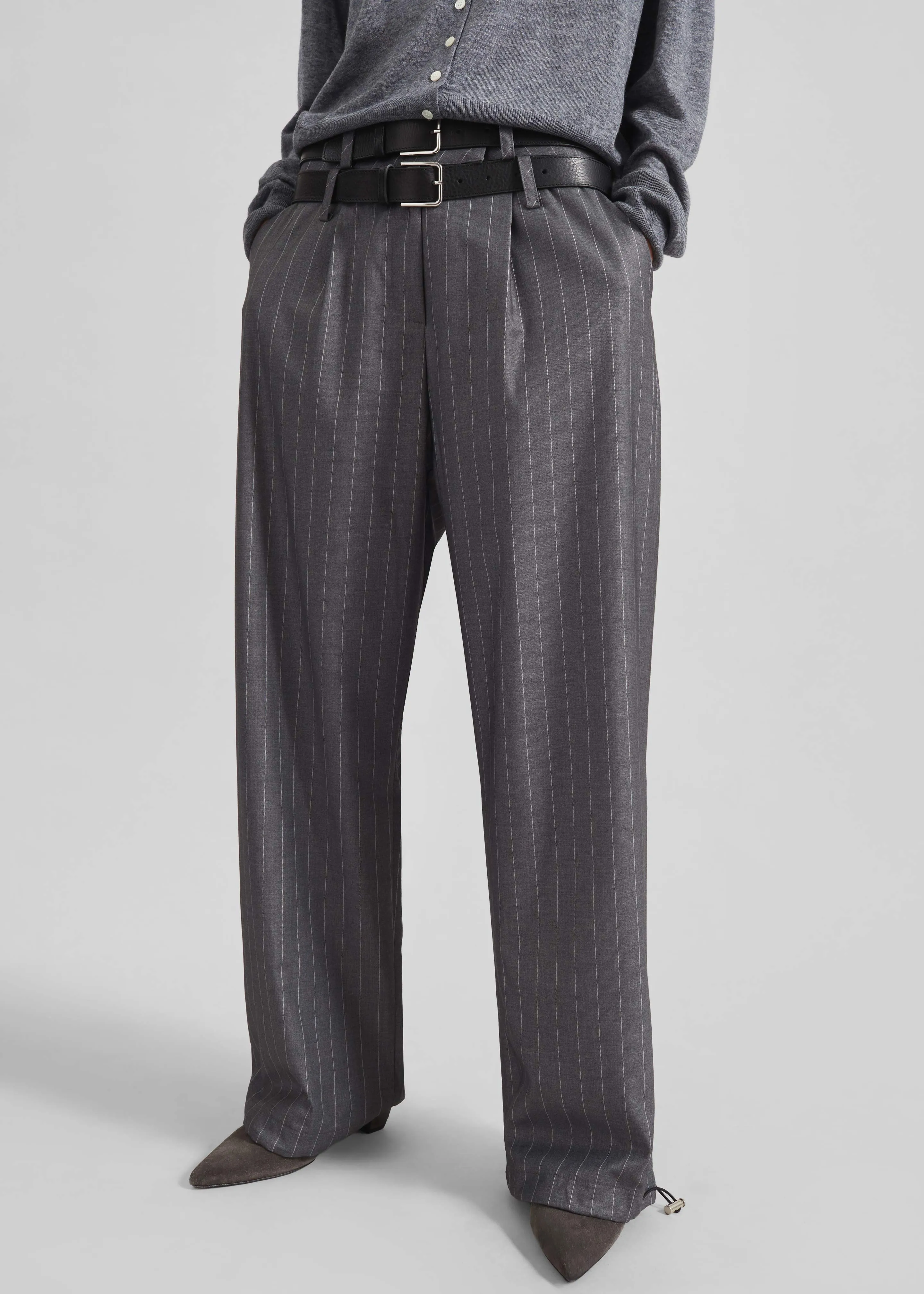 Alencon Double Belt-Loop Trousers - Grey/White Pinstripe sold by Frankie Shop product image thumbnail 3