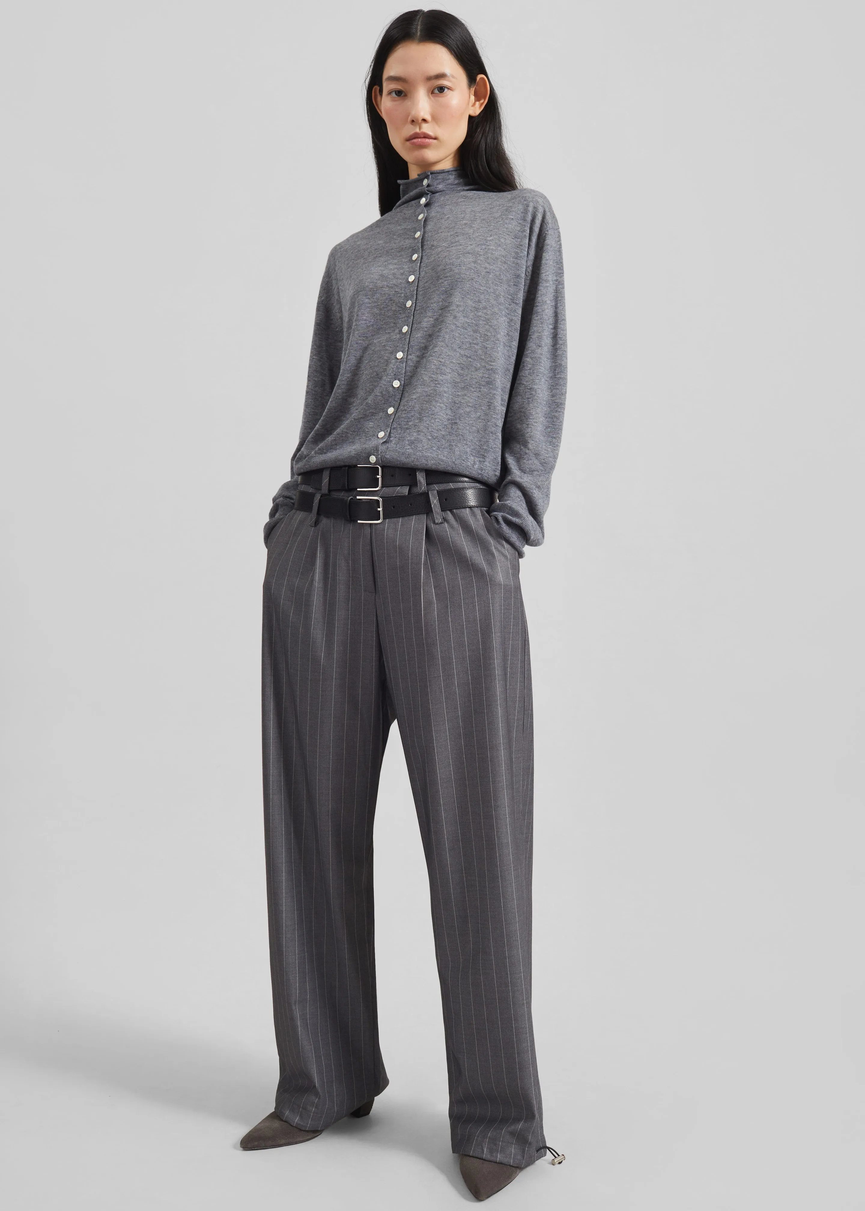 Alencon Double Belt-Loop Trousers - Grey/White Pinstripe sold by Frankie Shop