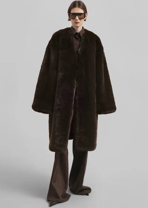Matera Collarless Faux Fur Coat - Brown sold by Frankie Shop