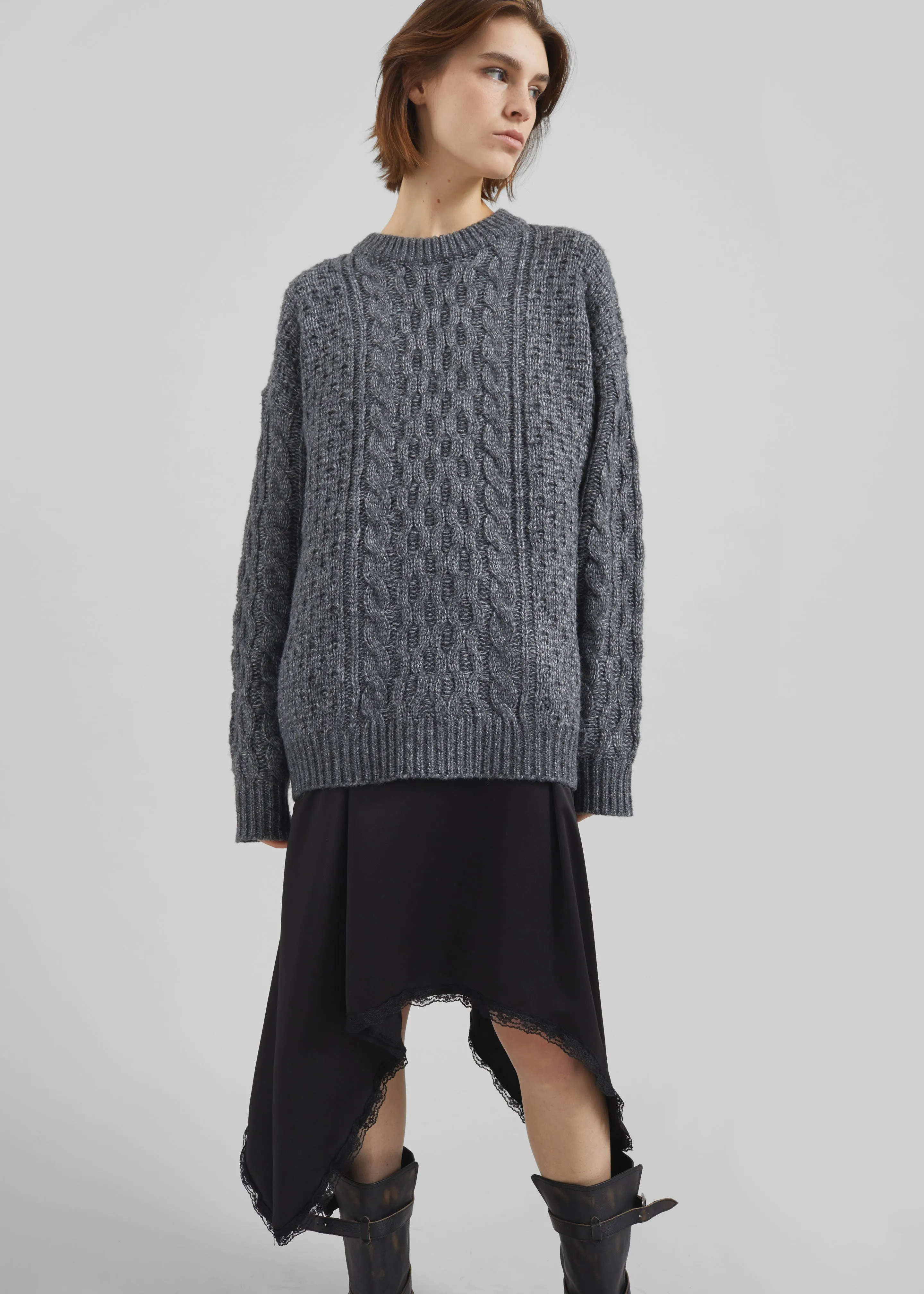 Janesen Oversized Cable Knit Sweater - Grey Melange sold by Frankie Shop