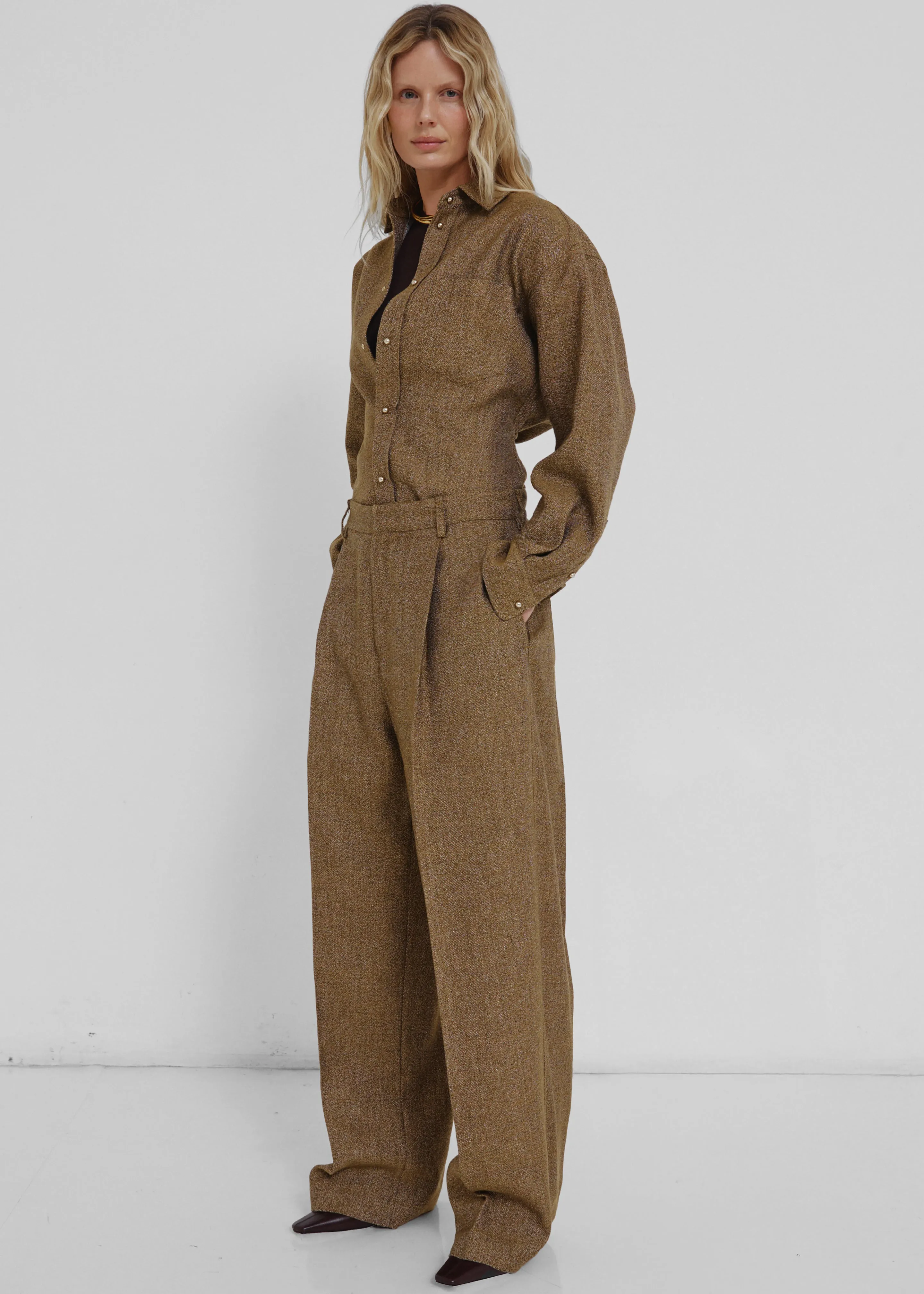 Darkpark Danielle Wide-Leg Wool Melange Trousers - Mustard sold by Frankie Shop product image thumbnail 4