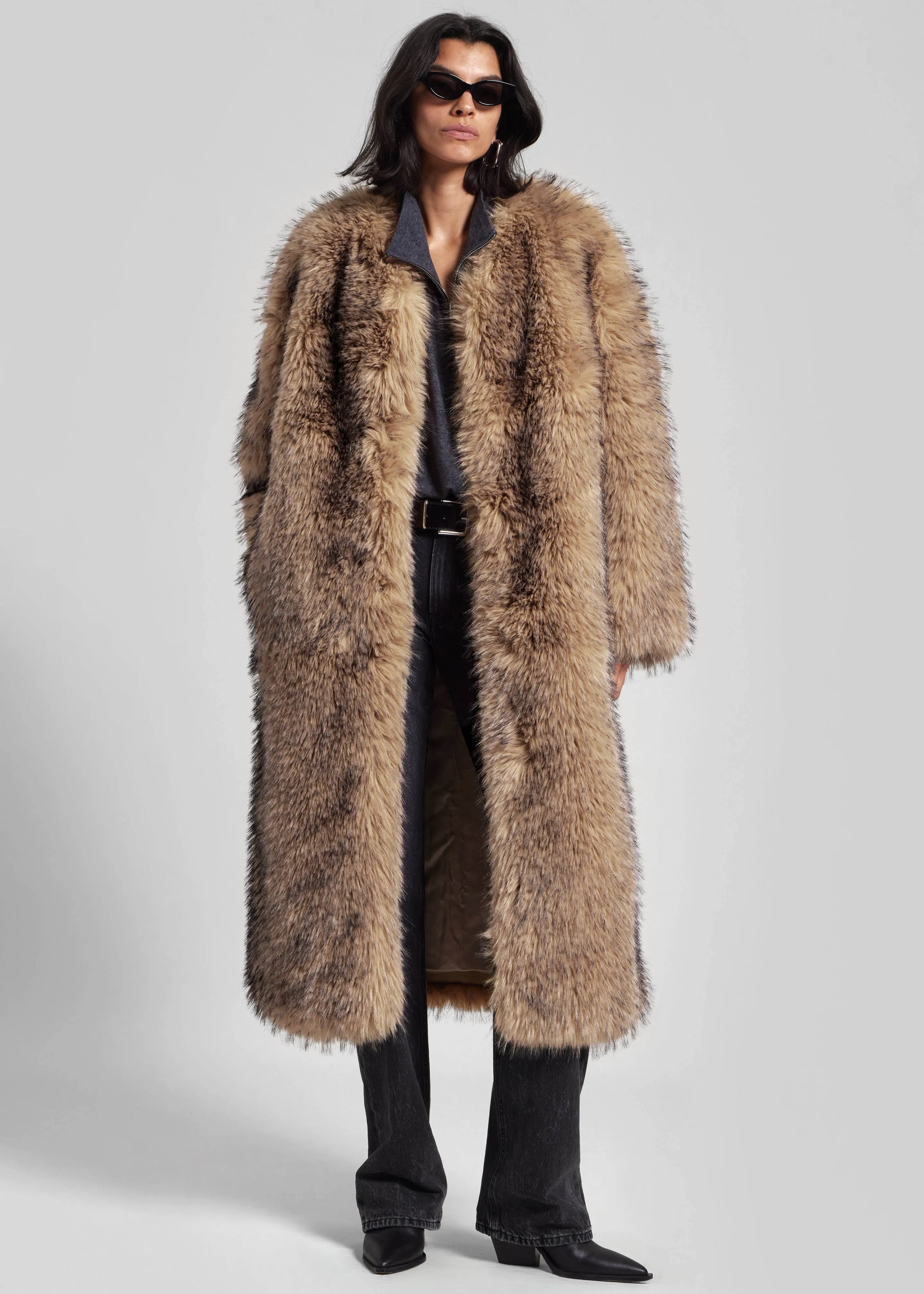 Rotate Faux Fur Long Coat - Nougat sold by Frankie Shop