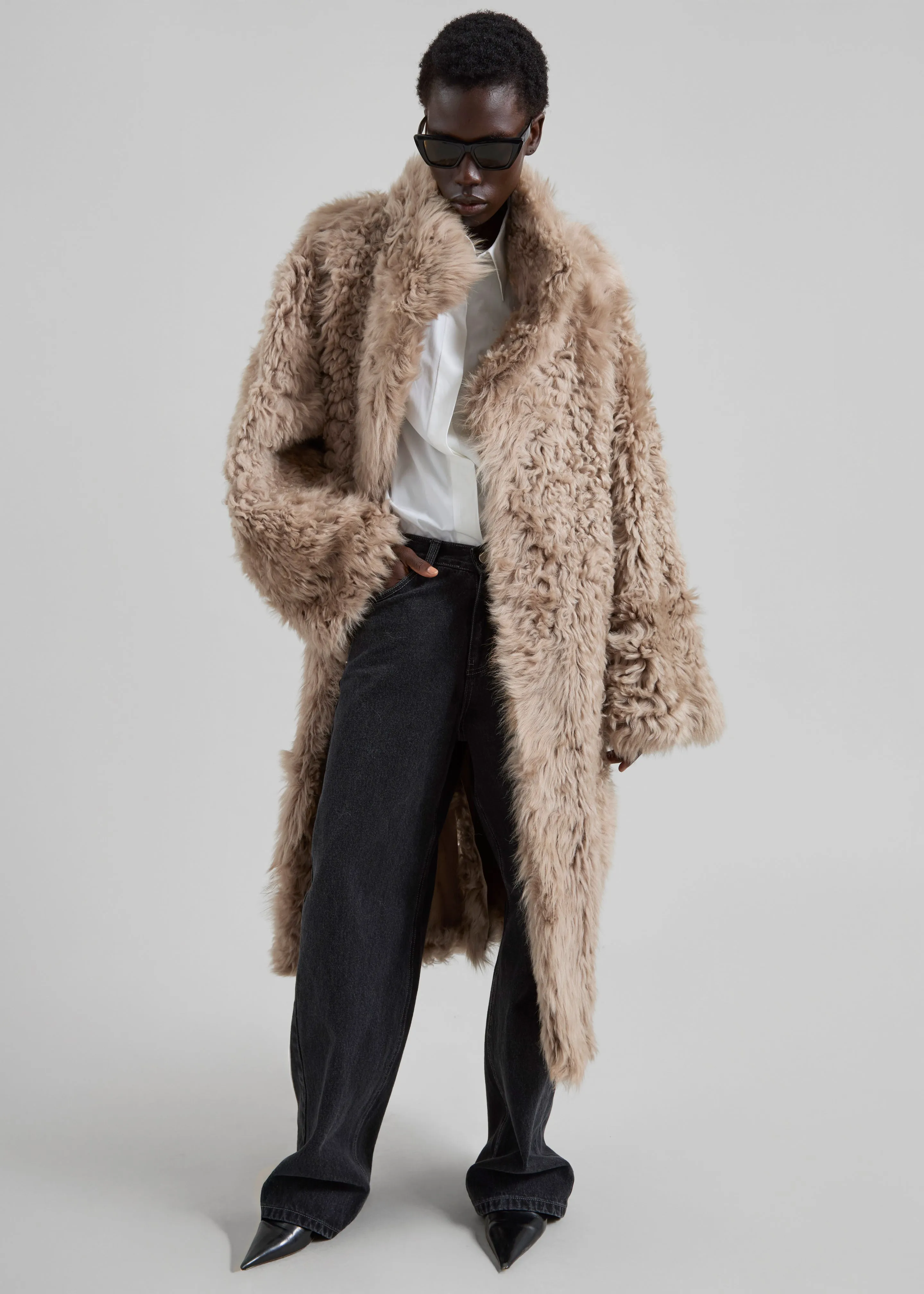 REMAIN Reversible Long Hair Shearling Coat - Pebble sold by Frankie Shop