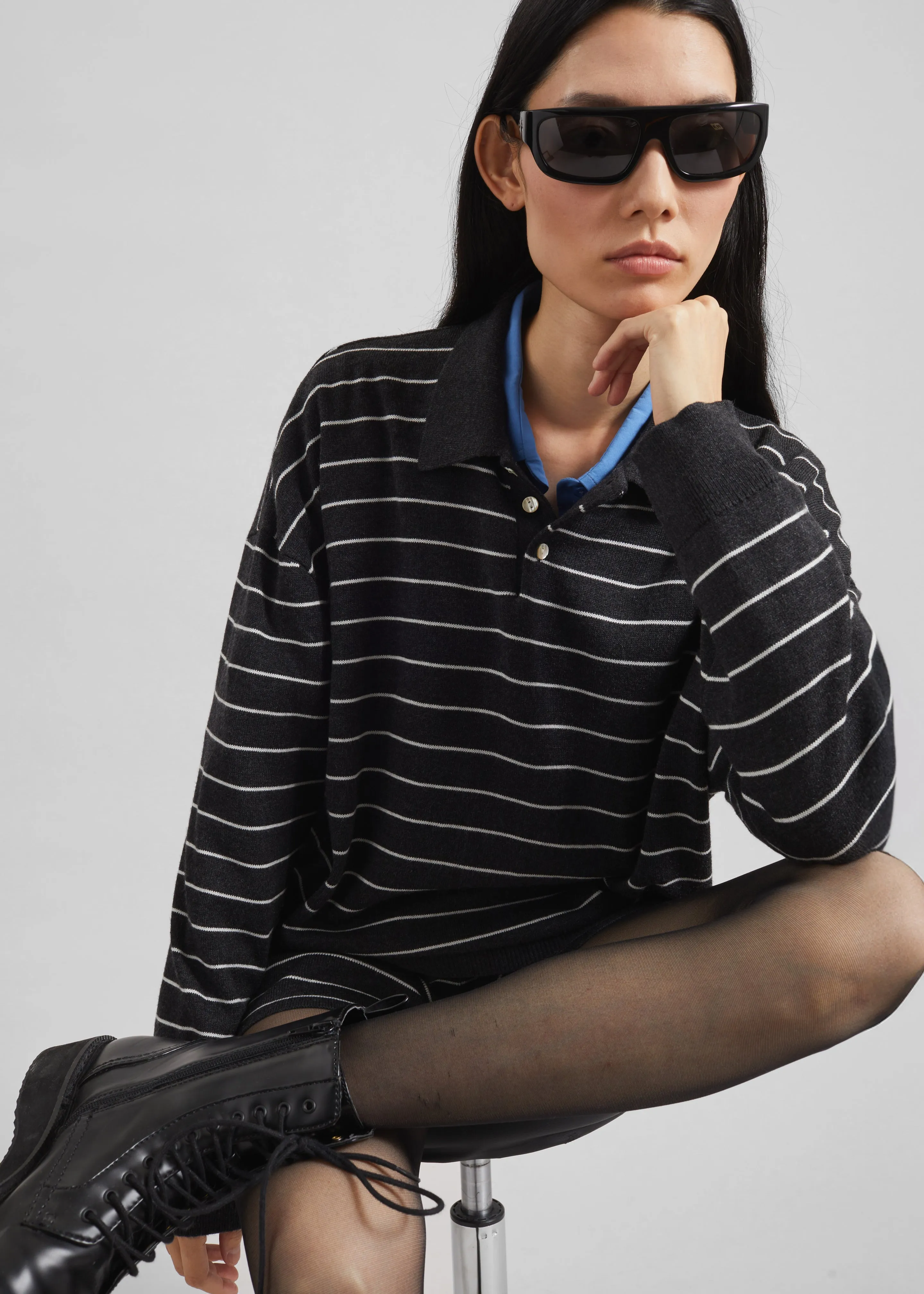 Nolma Knit Polo Sweater - Grey/White Stripe sold by Frankie Shop