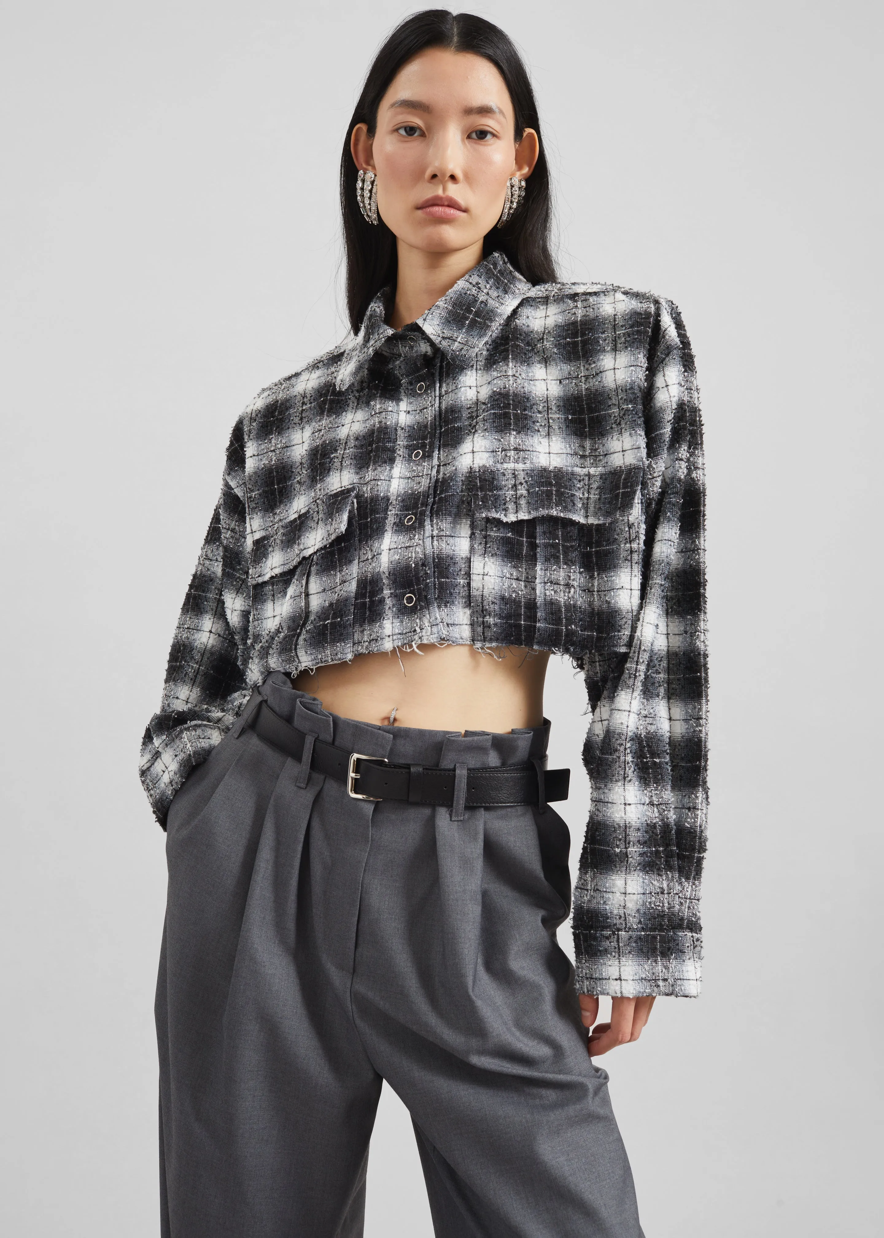 Biasca Distressed Cropped Shirt - Black Plaid sold by Frankie Shop