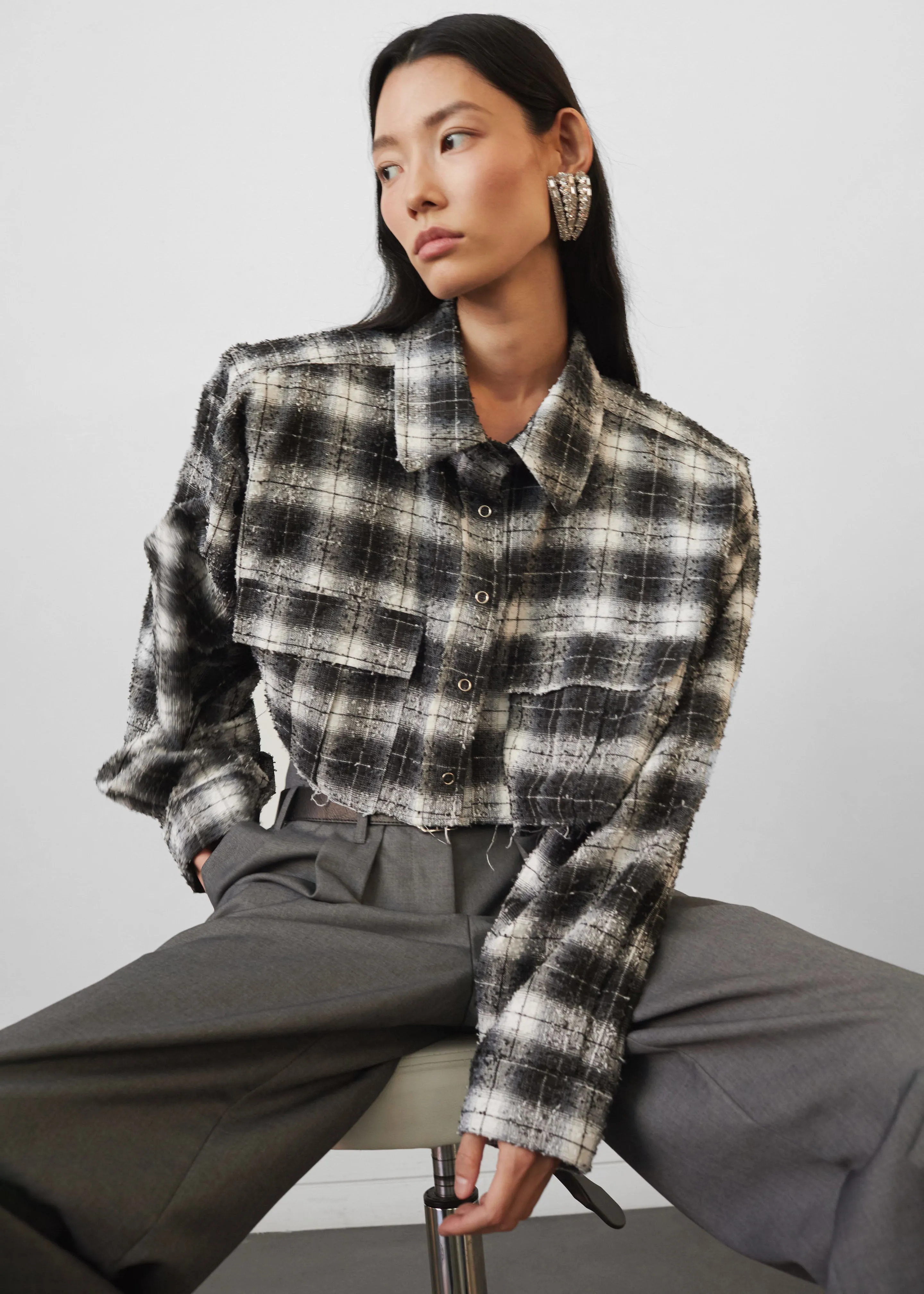 Biasca Distressed Cropped Shirt - Black Plaid sold by Frankie Shop product image thumbnail 2