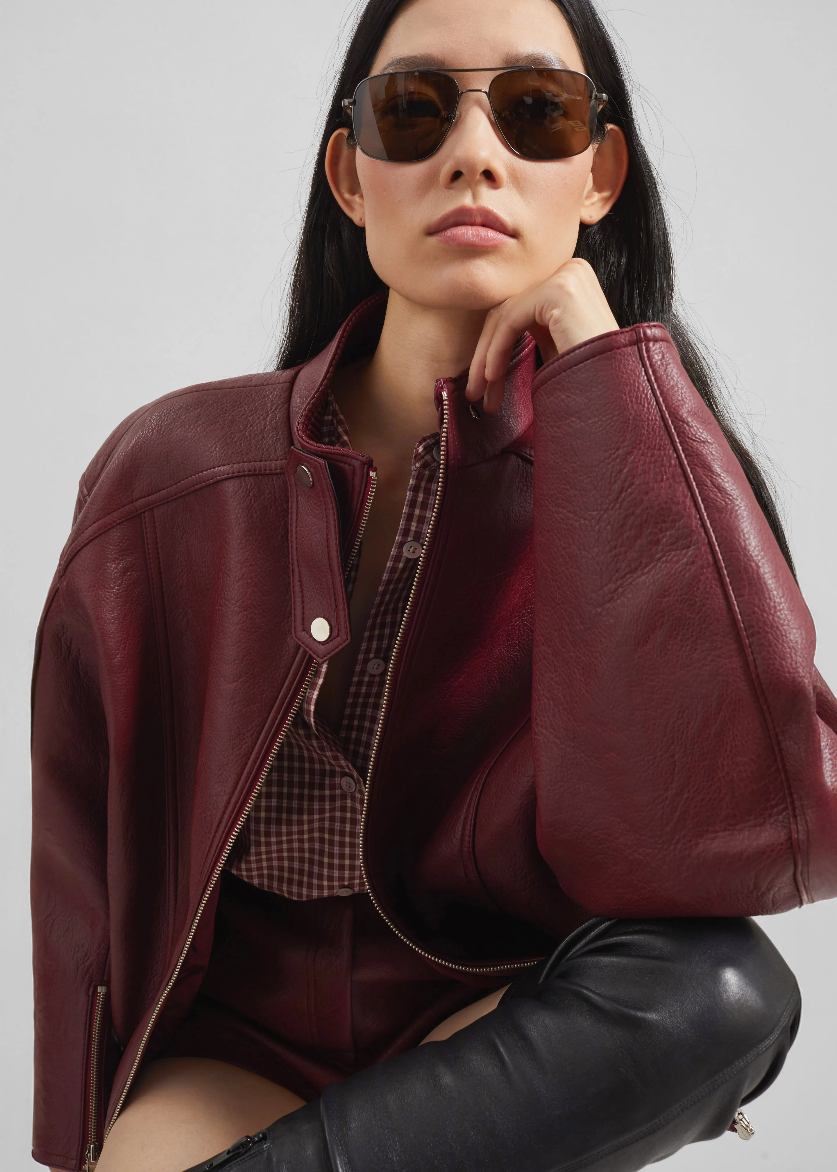 Troye Faux Leather Bomber Jacket - Burgundy sold by Frankie Shop product image thumbnail 4
