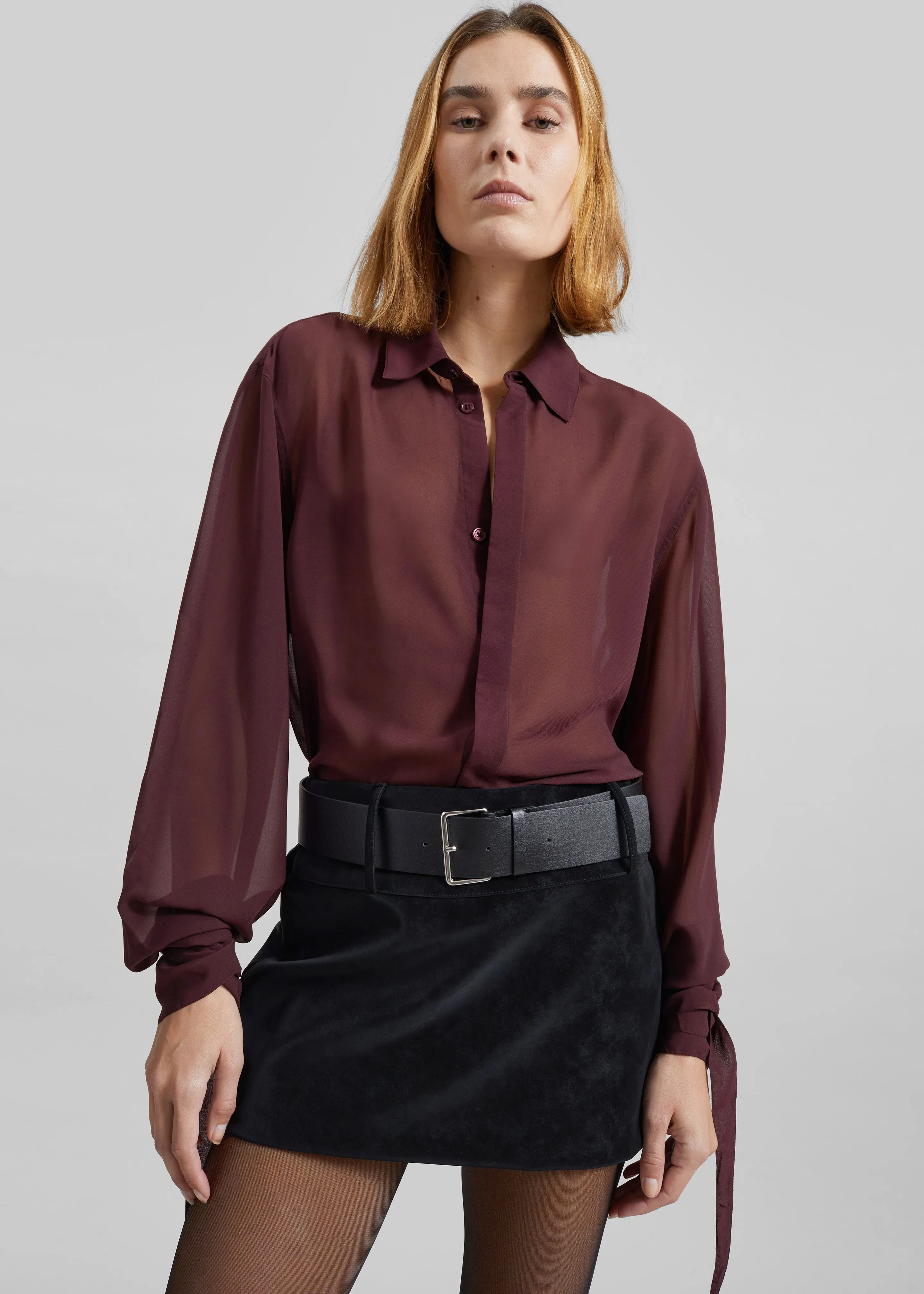 Verlin Sheer Chiffon Tie Cuff Shirt - Burgundy sold by Frankie Shop product image thumbnail 5