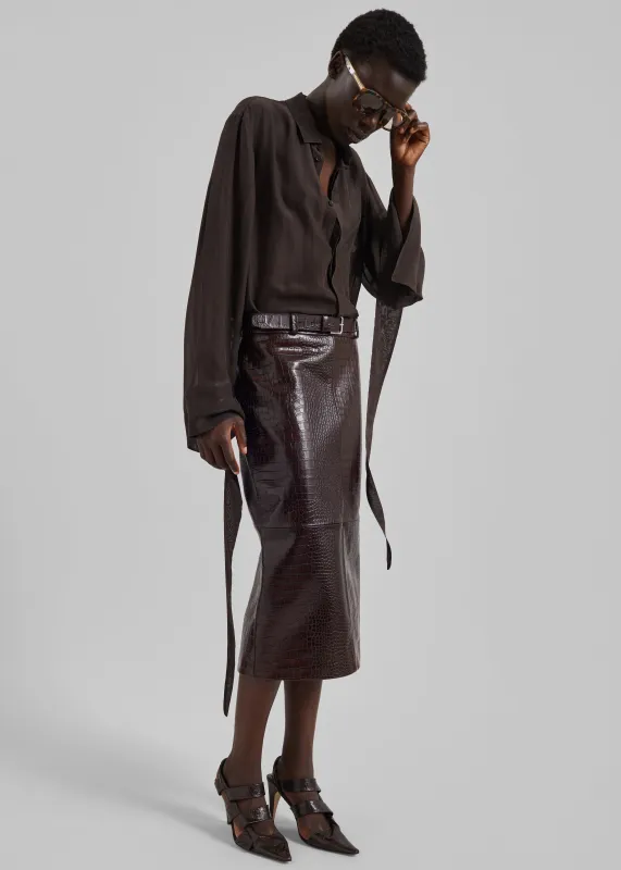 Verlin Sheer Chiffon Tie Cuff Shirt - Dark Brown made by Frankie Shop