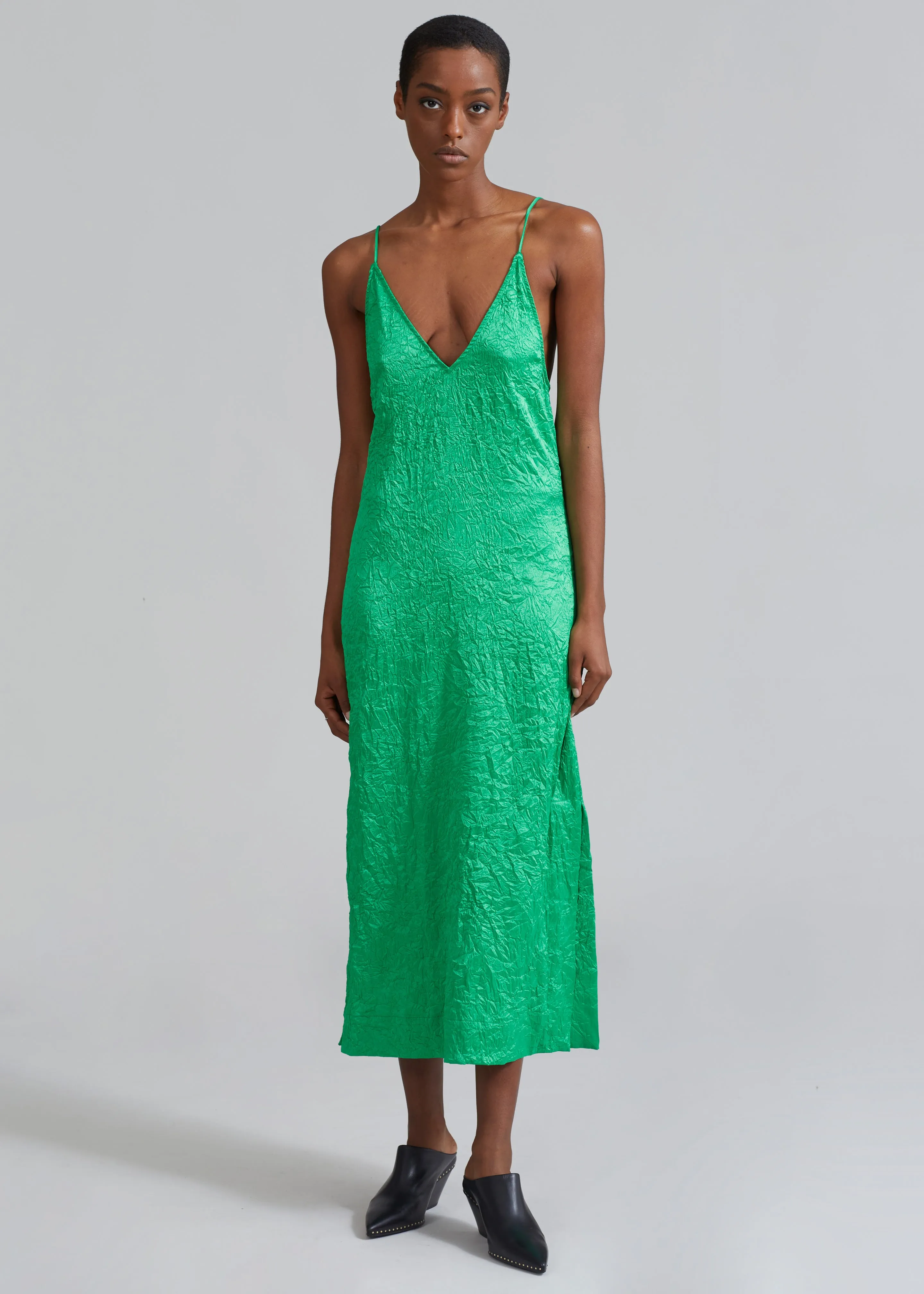 GANNI Crinkled Satin Slip Dress - Bright Green sold by Frankie Shop