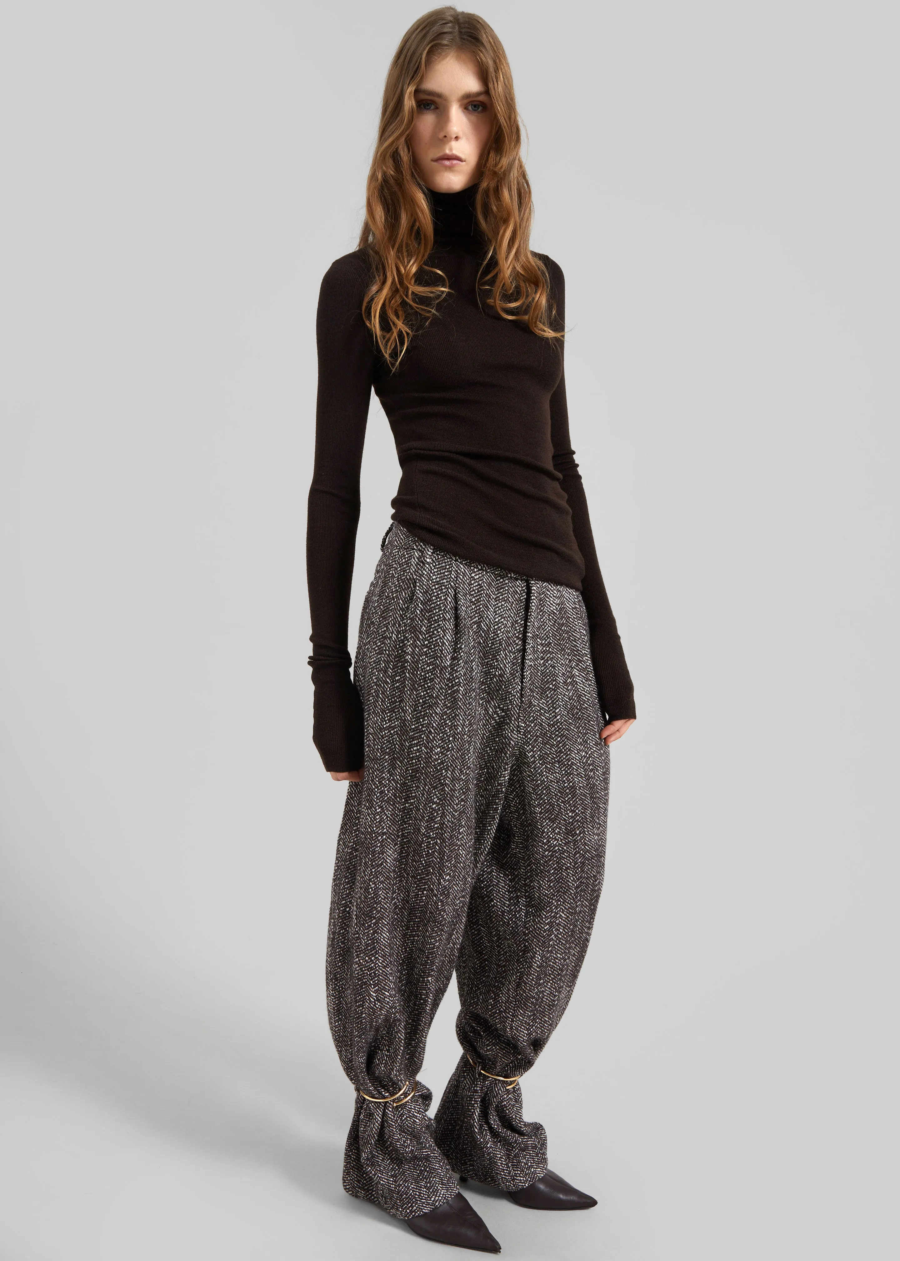 Darkpark Phebe Cuff Adorned Wide-Leg Herringbone Wool Pants - Brown/Black/White sold by Frankie Shop