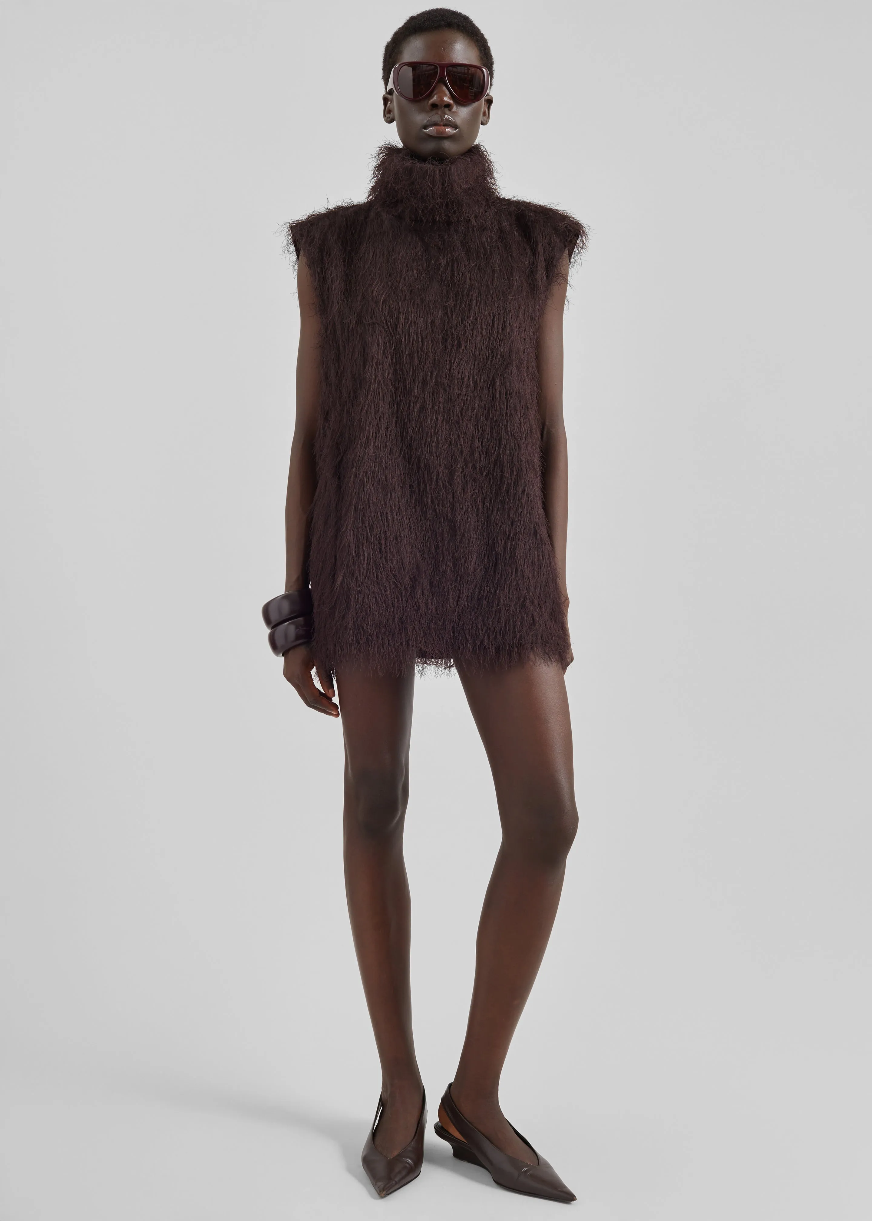Lancy Fringed Funnel Neck Dress - Dark Brown sold by Frankie Shop