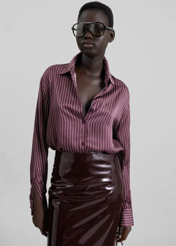 Peri Satin Fluid Shirt - Burgundy/White Pinstripe sold by Frankie Shop