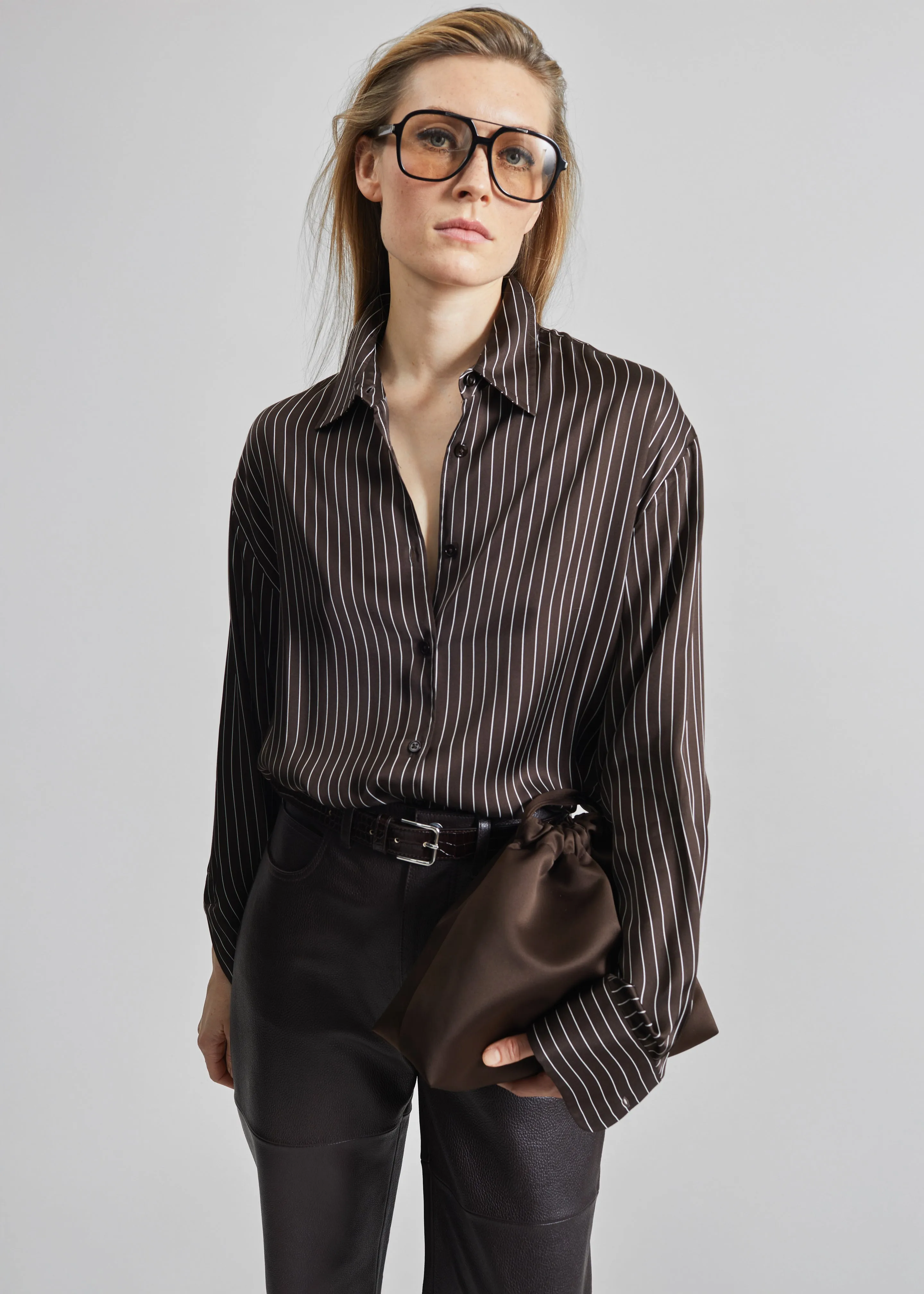 Peri Satin Fluid Shirt - Brown/White Pinstripe sold by Frankie Shop product image thumbnail 3