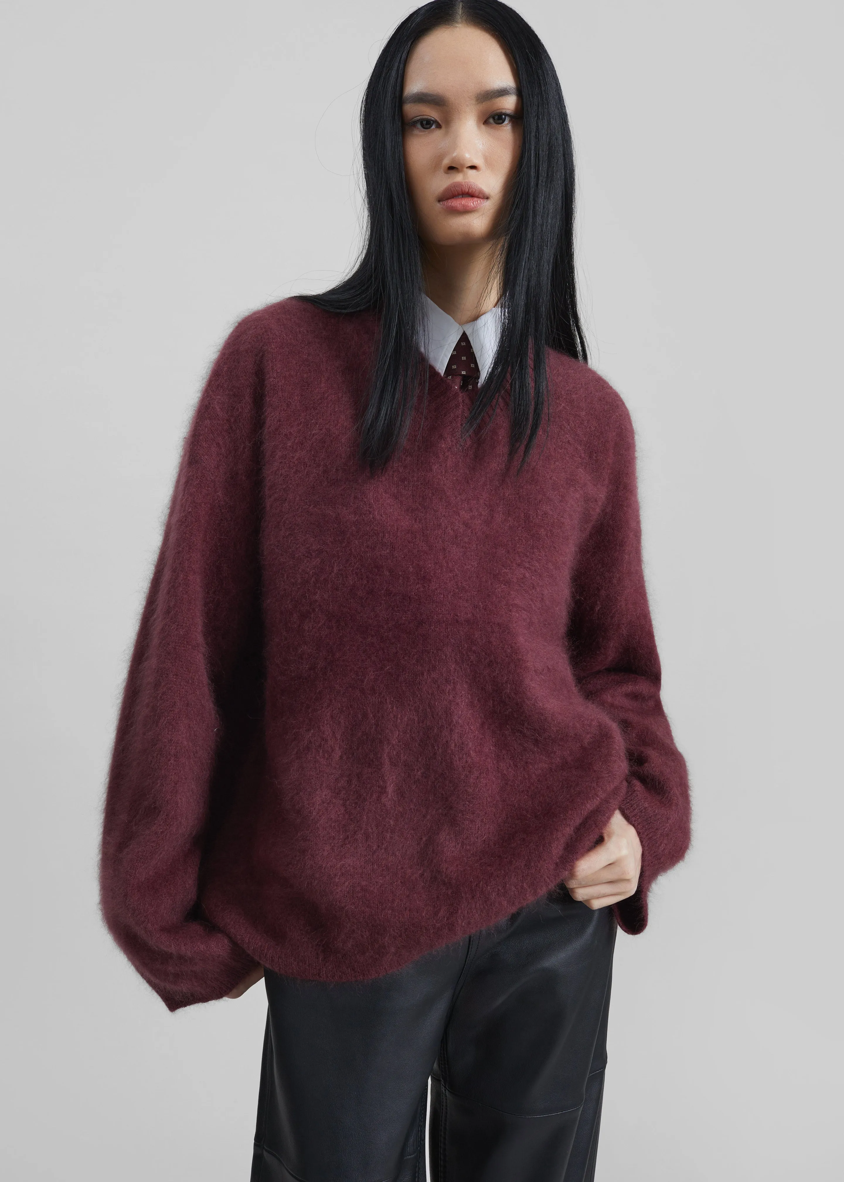 Vilhena Wool Fuzzy V-Neck Sweater - Burgundy sold by Frankie Shop
