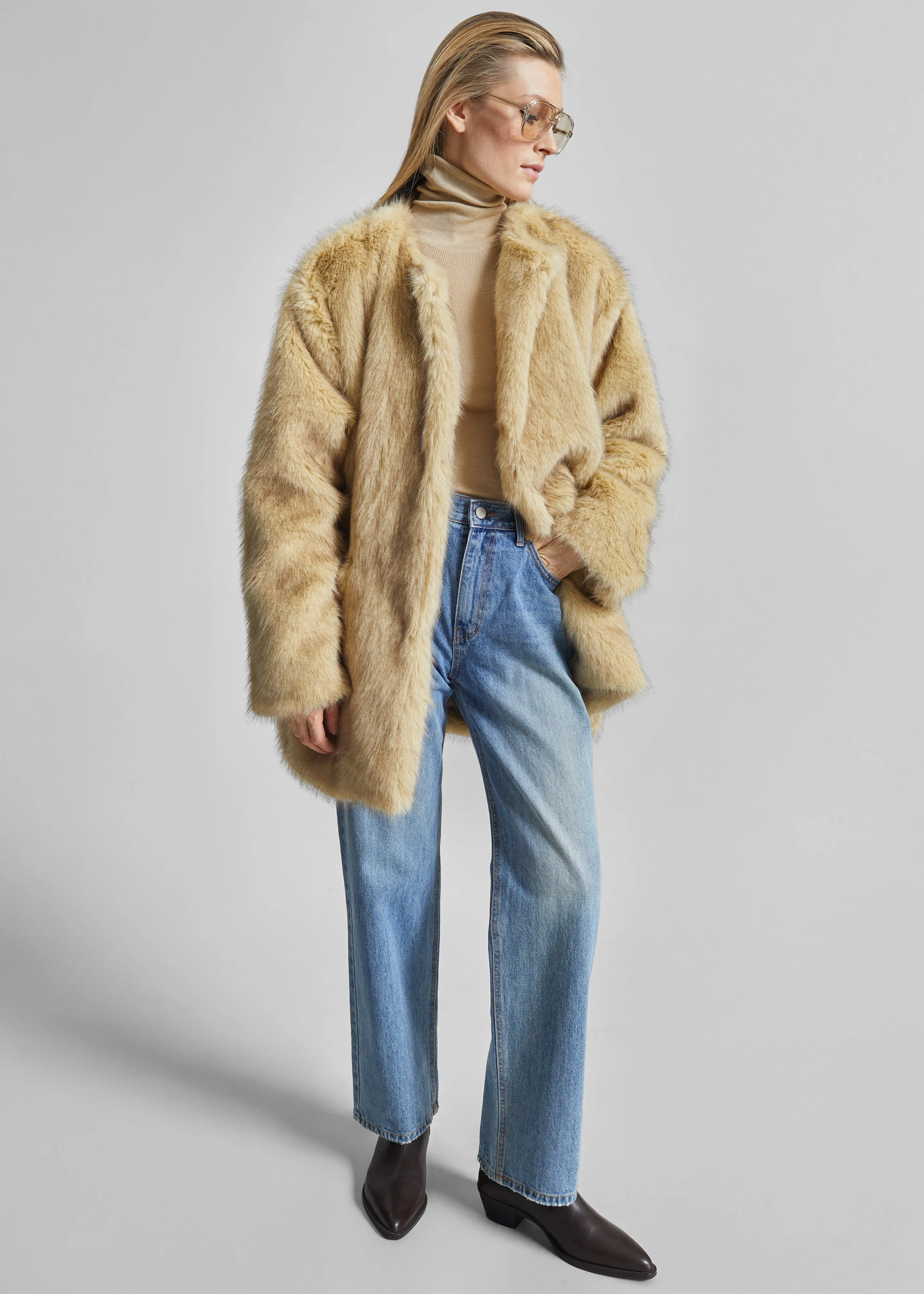 Gemona Faux Fur Collarless Coat - Beige sold by Frankie Shop