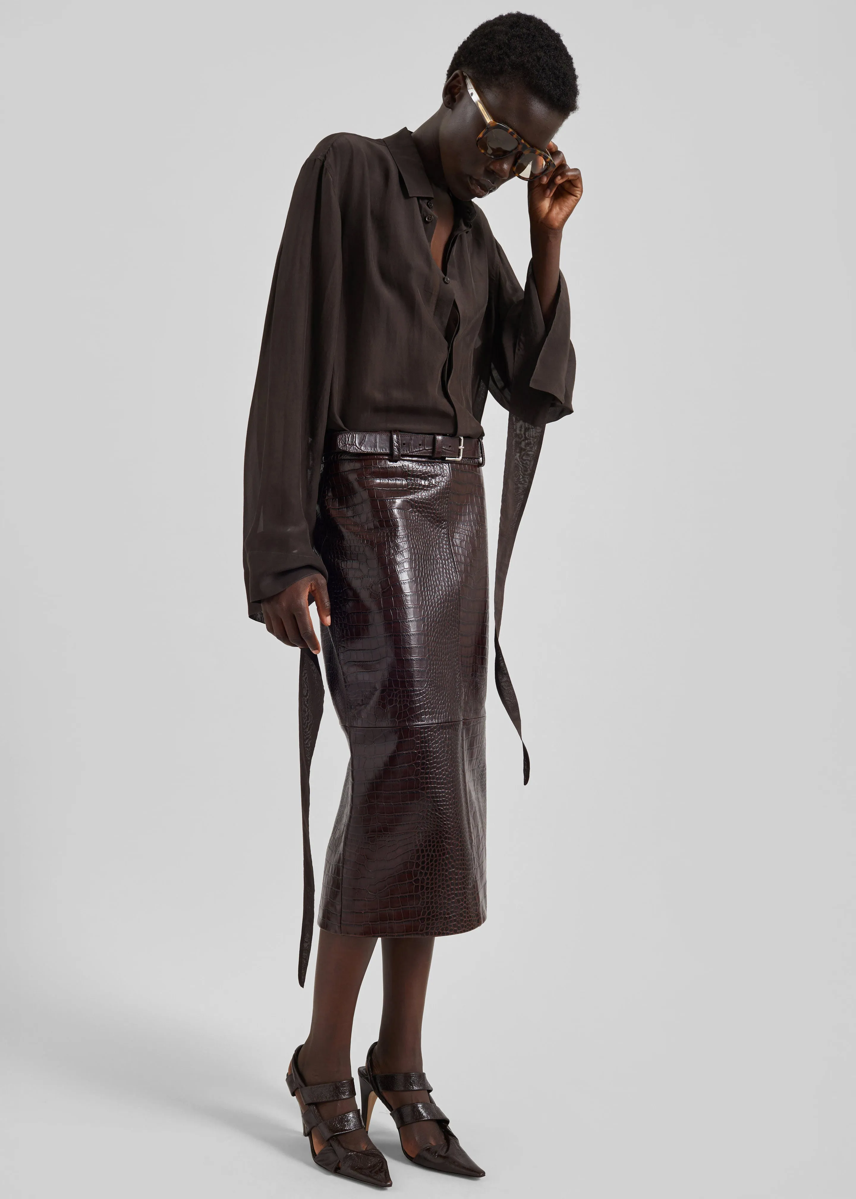 Taney Croc Leather Pencil Skirt - Dark Brown sold by Frankie Shop