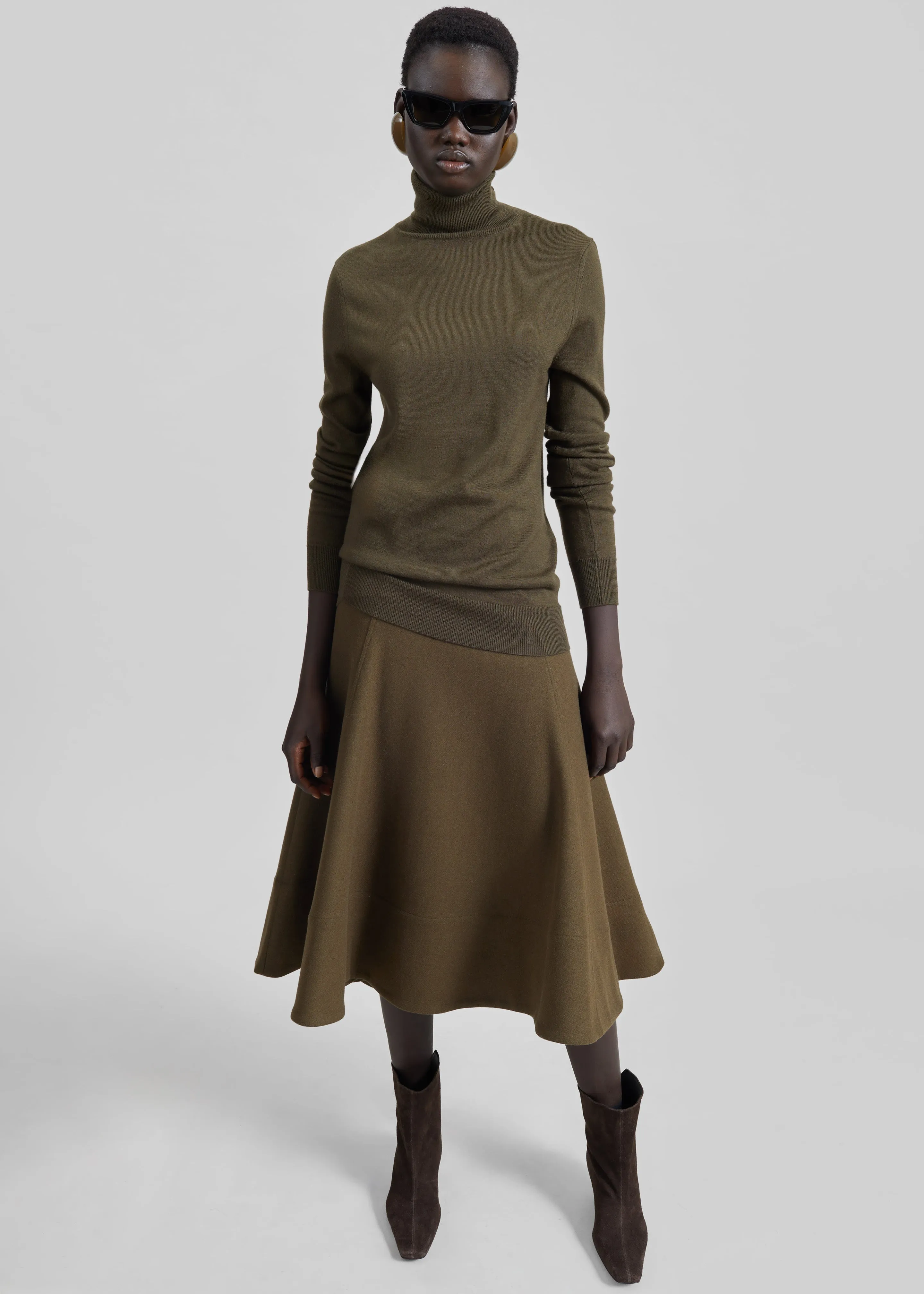 Manali Flared Midi Skirt - Olive Brown sold by Frankie Shop