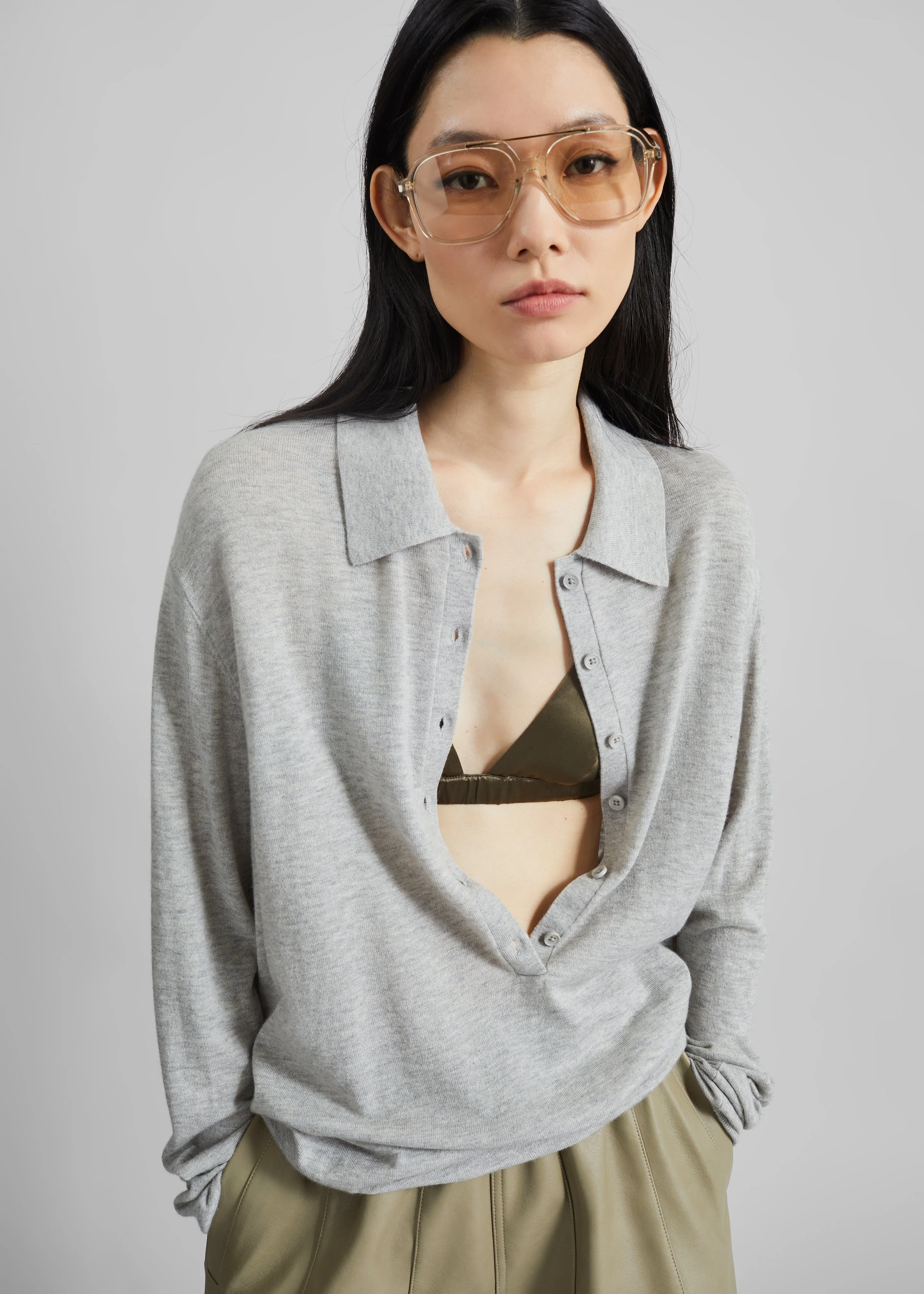 Tala Knit V-Neck Polo - Light Grey sold by Frankie Shop