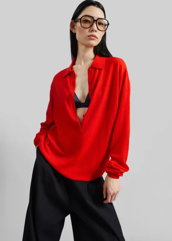 Tala Knit V-Neck Polo - Red made by Frankie Shop