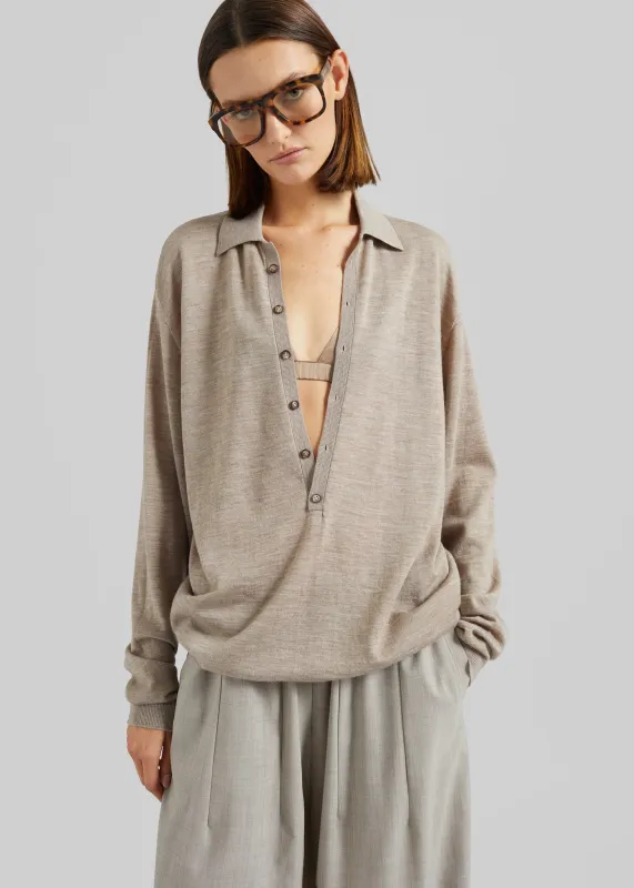 Tala Knit V-Neck Polo - Taupe Melange made by Frankie Shop