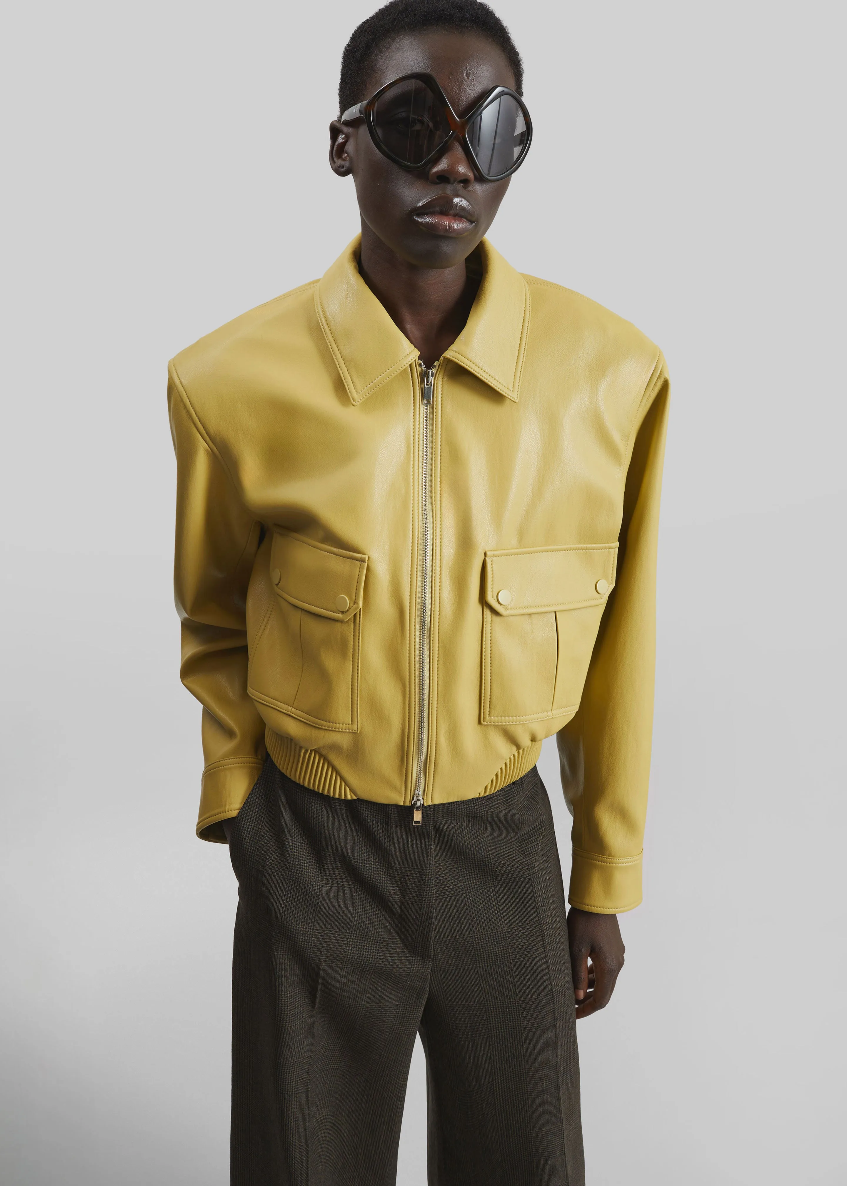 Denain Faux Leather Cropped Bomber Jacket - Yellow sold by Frankie Shop product image thumbnail 3