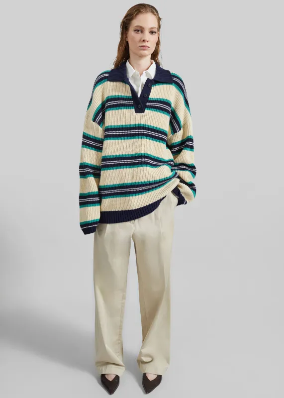Nordby Knit Polo Sweater - Cream/Navy Stripe made by Frankie Shop
