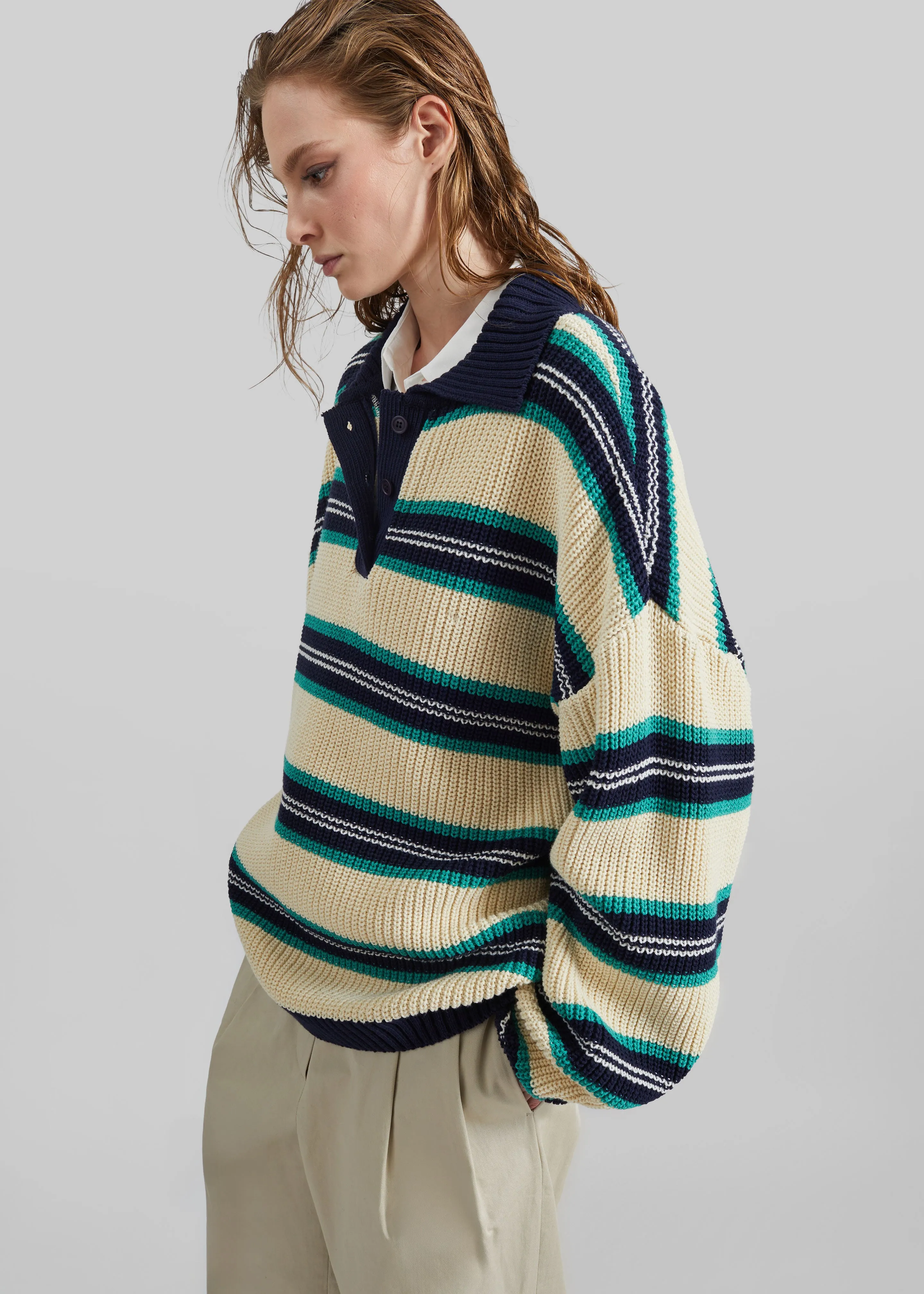 Nordby Knit Polo Sweater - Cream/Navy Stripe sold by Frankie Shop product image thumbnail 3
