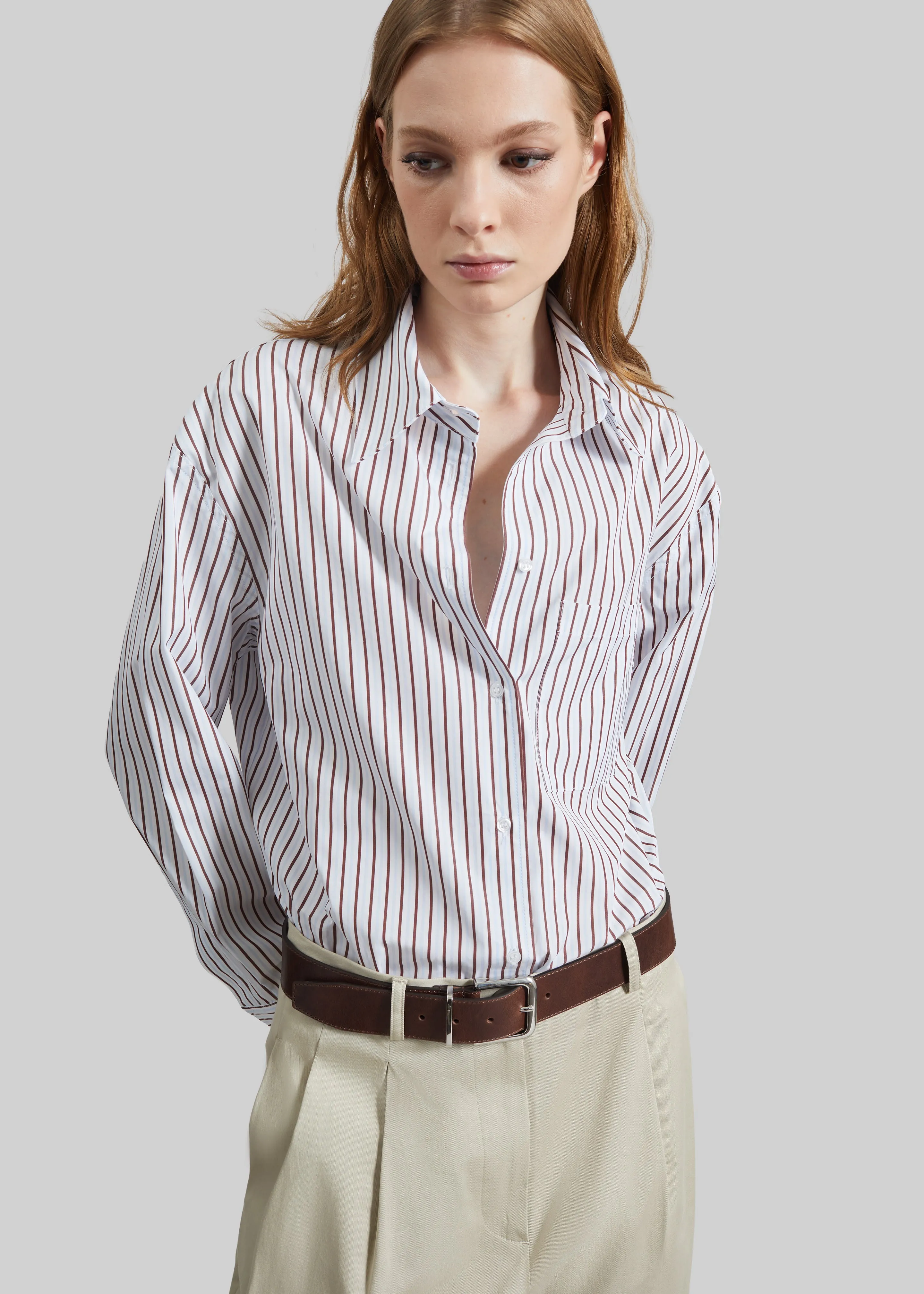 Loulou de Saison Maud Oversized Cotton Poplin Shirt - Dark Red/Light Blue sold by Frankie Shop