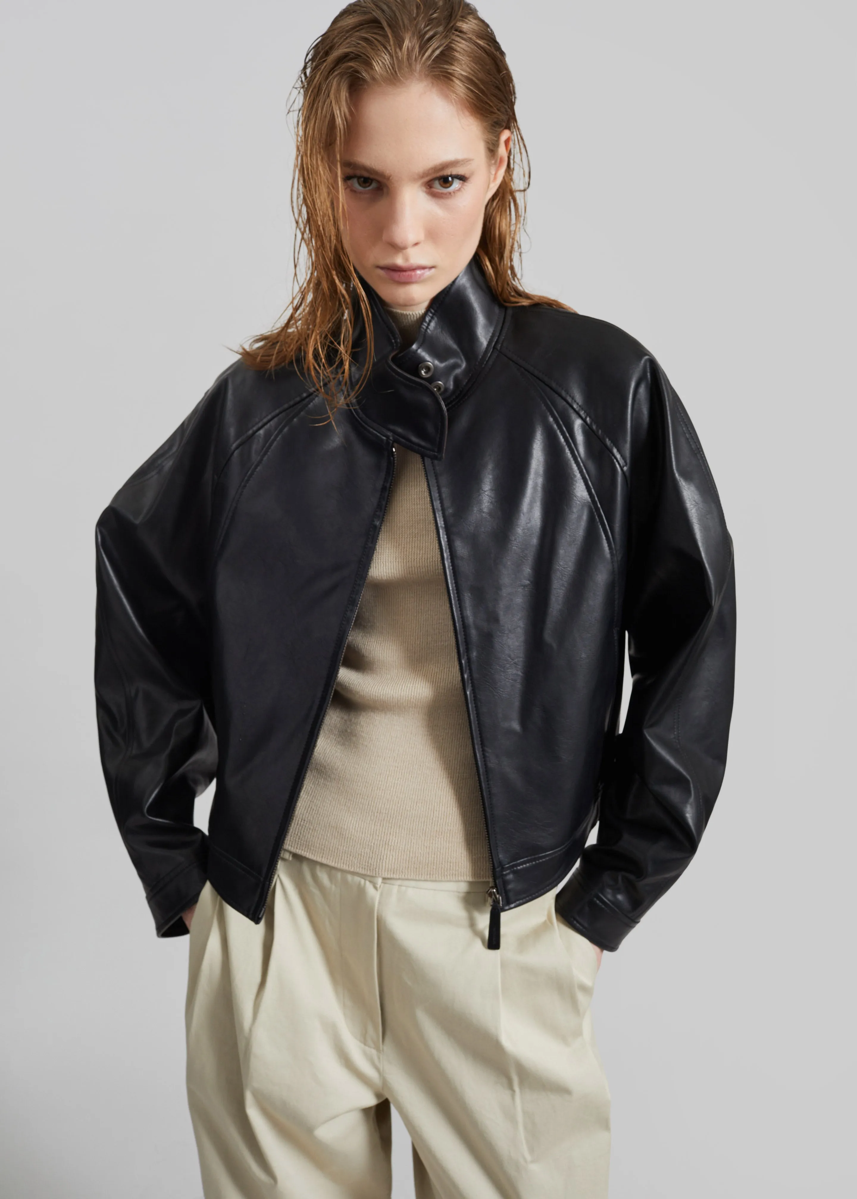 Low Classic Stand Collar Artificial Leather Jumper - Black sold by Frankie Shop product image thumbnail 3