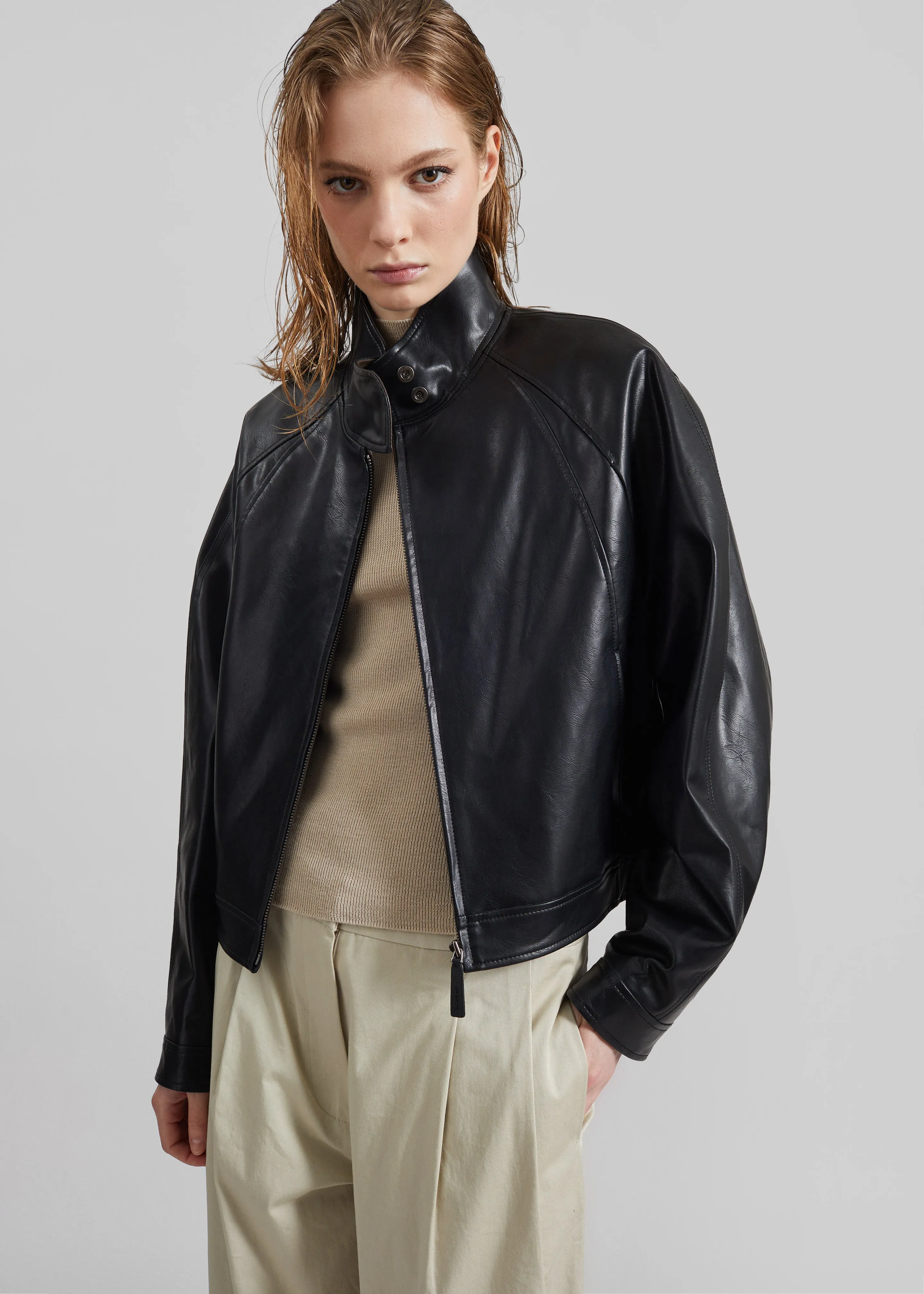 Low Classic Stand Collar Artificial Leather Jumper - Black sold by Frankie Shop