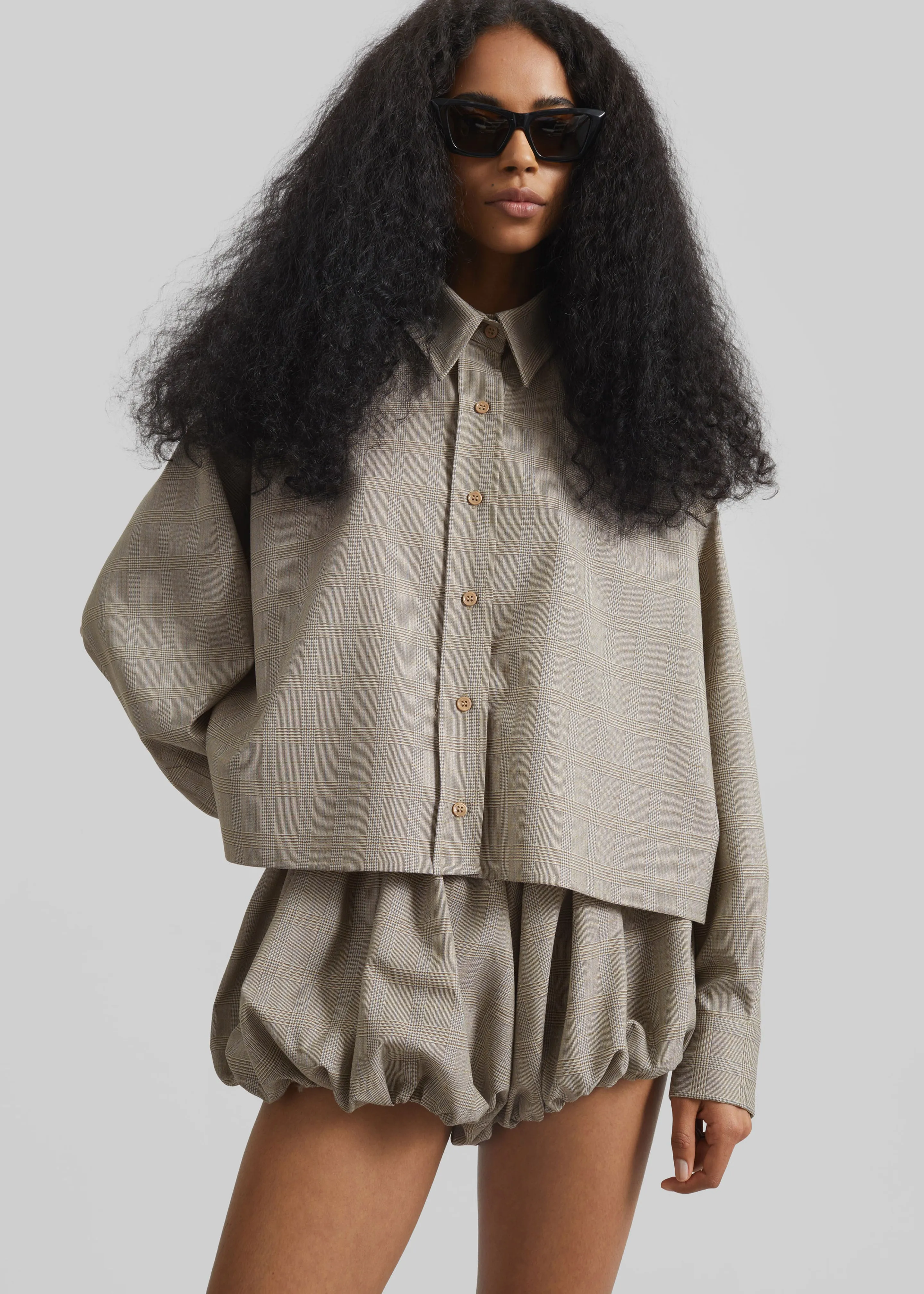 Alina Bubble Hem Shorts - Beige Glen Plaid sold by Frankie Shop