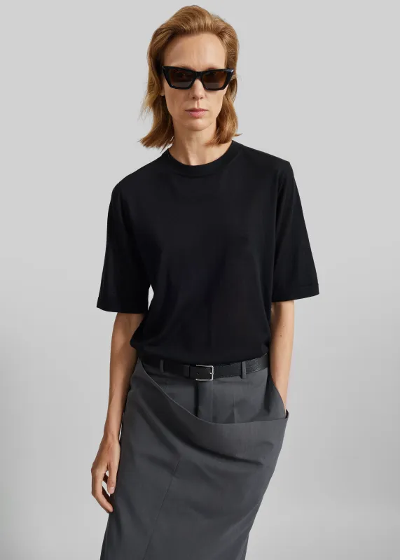 Loulou de Saison Nala Short-Sleeve Fluid Cashmere Top - Black made by Loulou De Saison