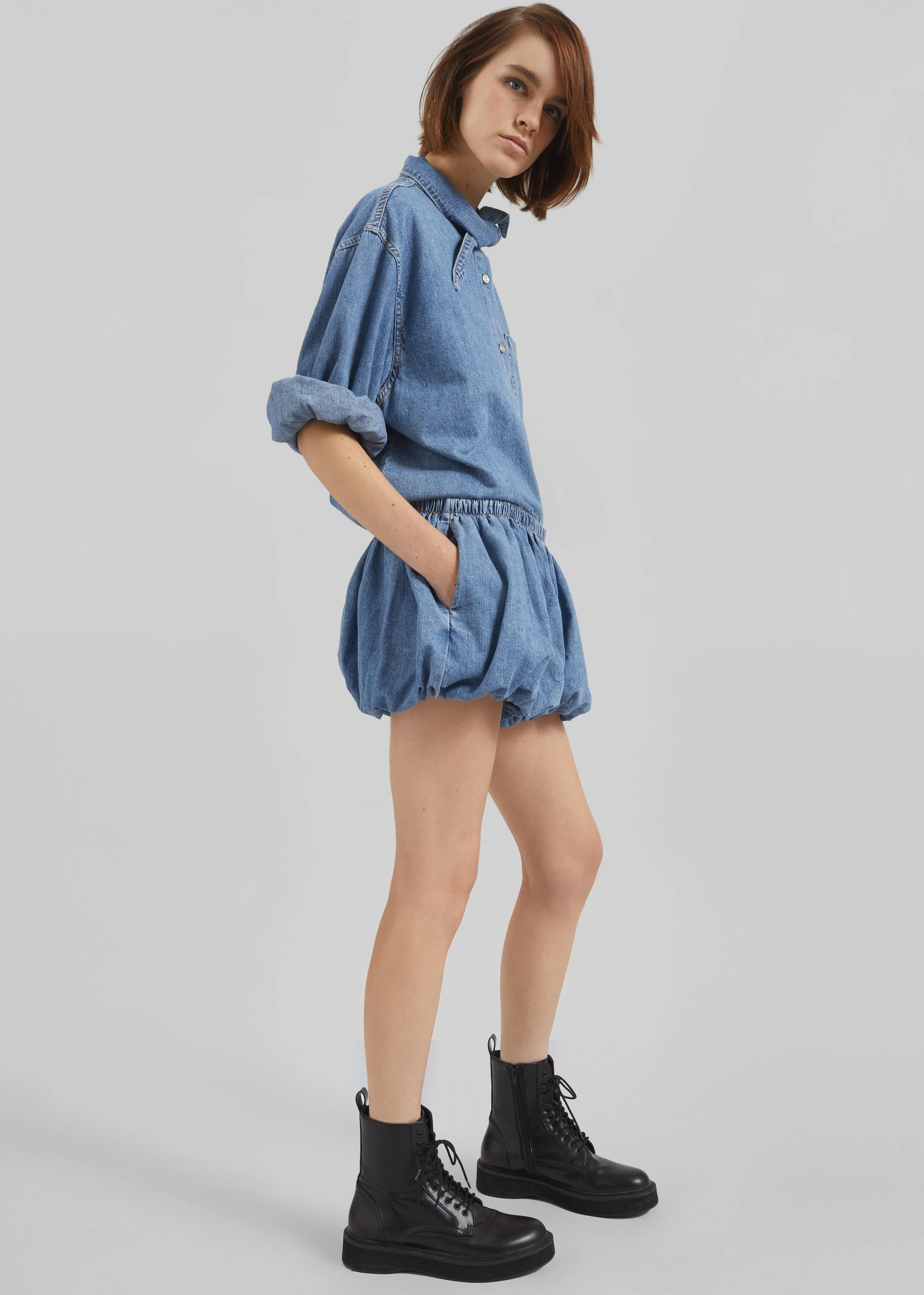 Varzy Denim Bubble-Hem Shorts - Medium Wash sold by Frankie Shop