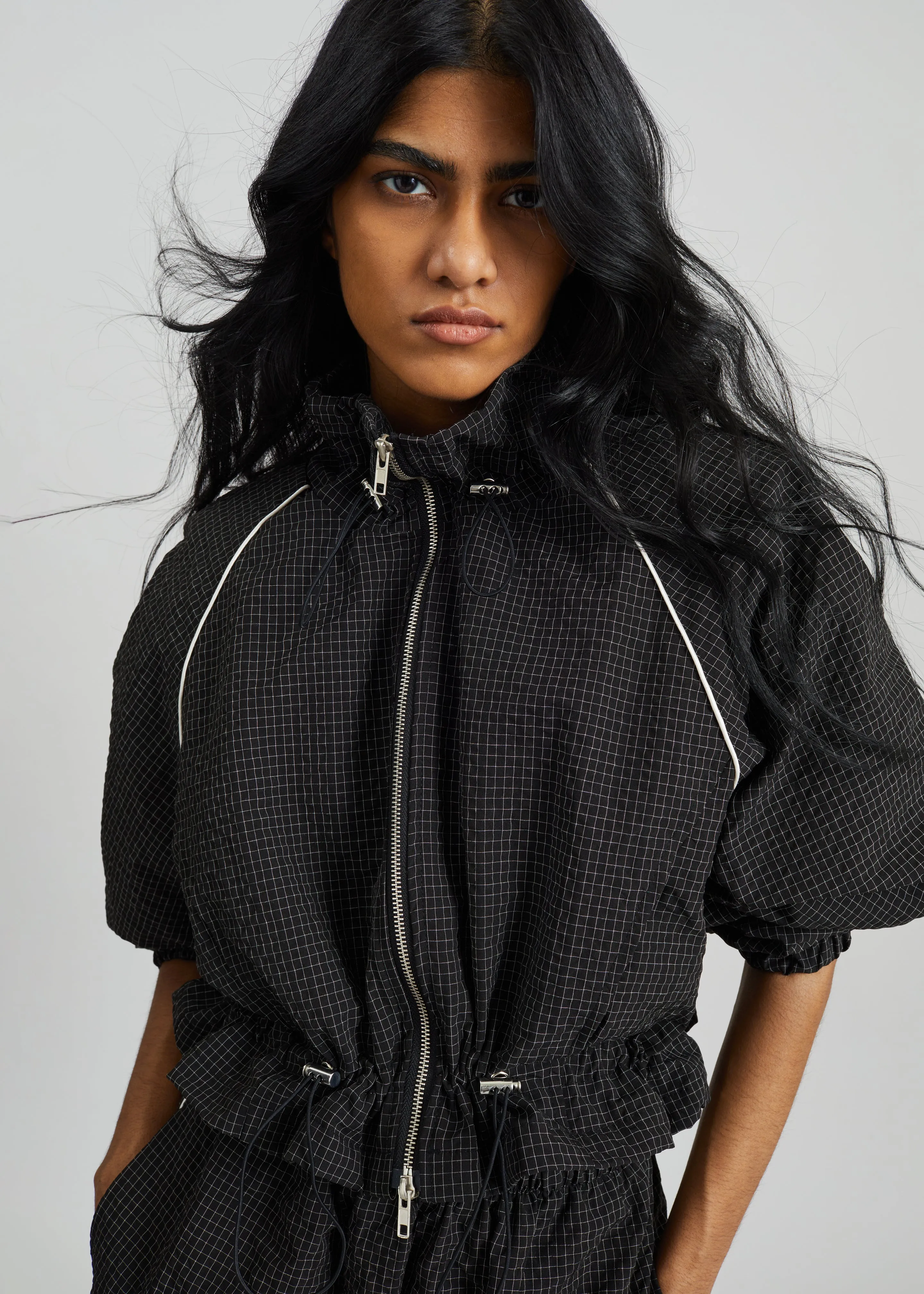 Arizona Seersucker Drawstring Track Jacket - Checked Black sold by Frankie Shop product image thumbnail 2