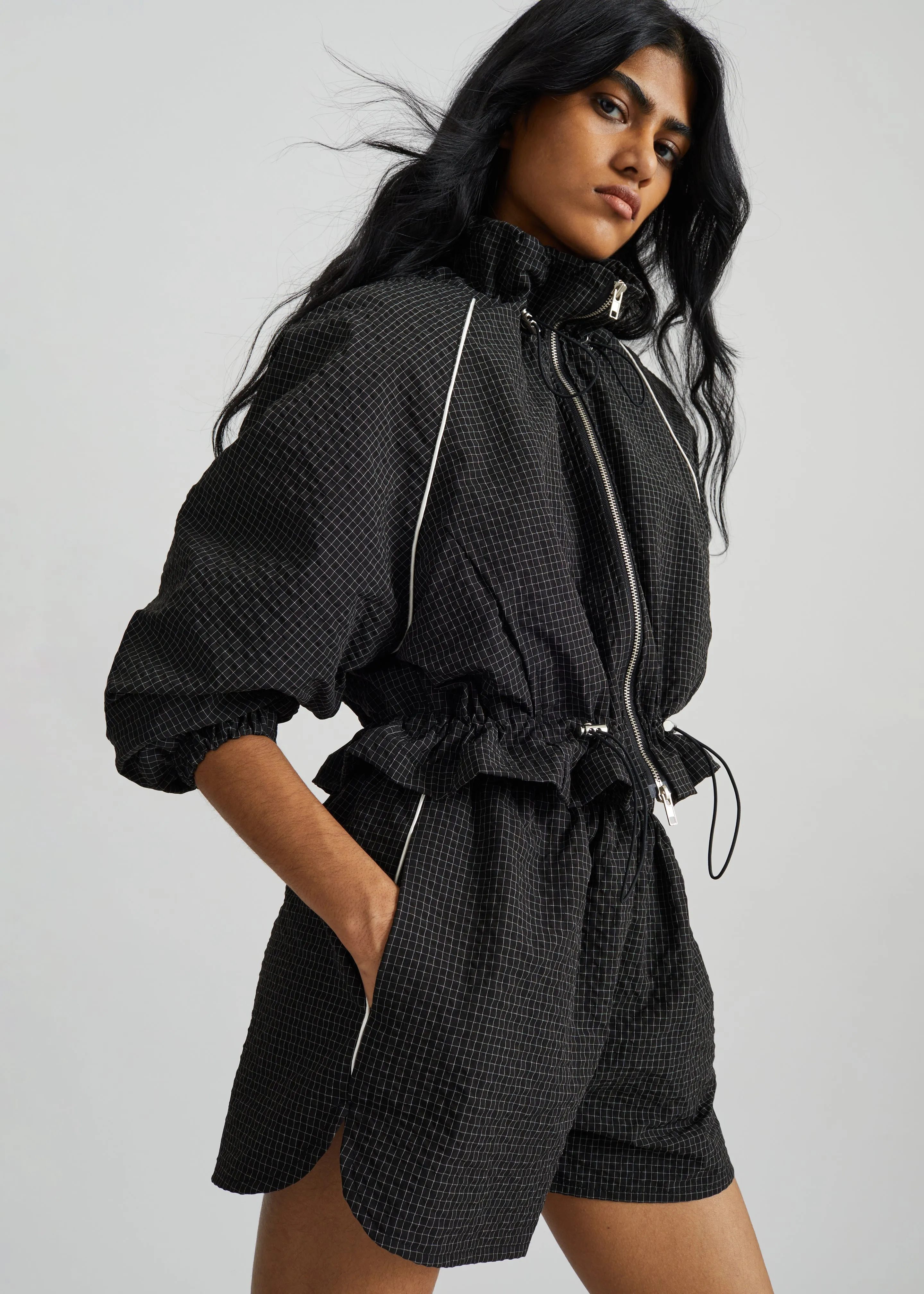 Arizona Seersucker Drawstring Track Jacket - Checked Black sold by Frankie Shop product image thumbnail 4
