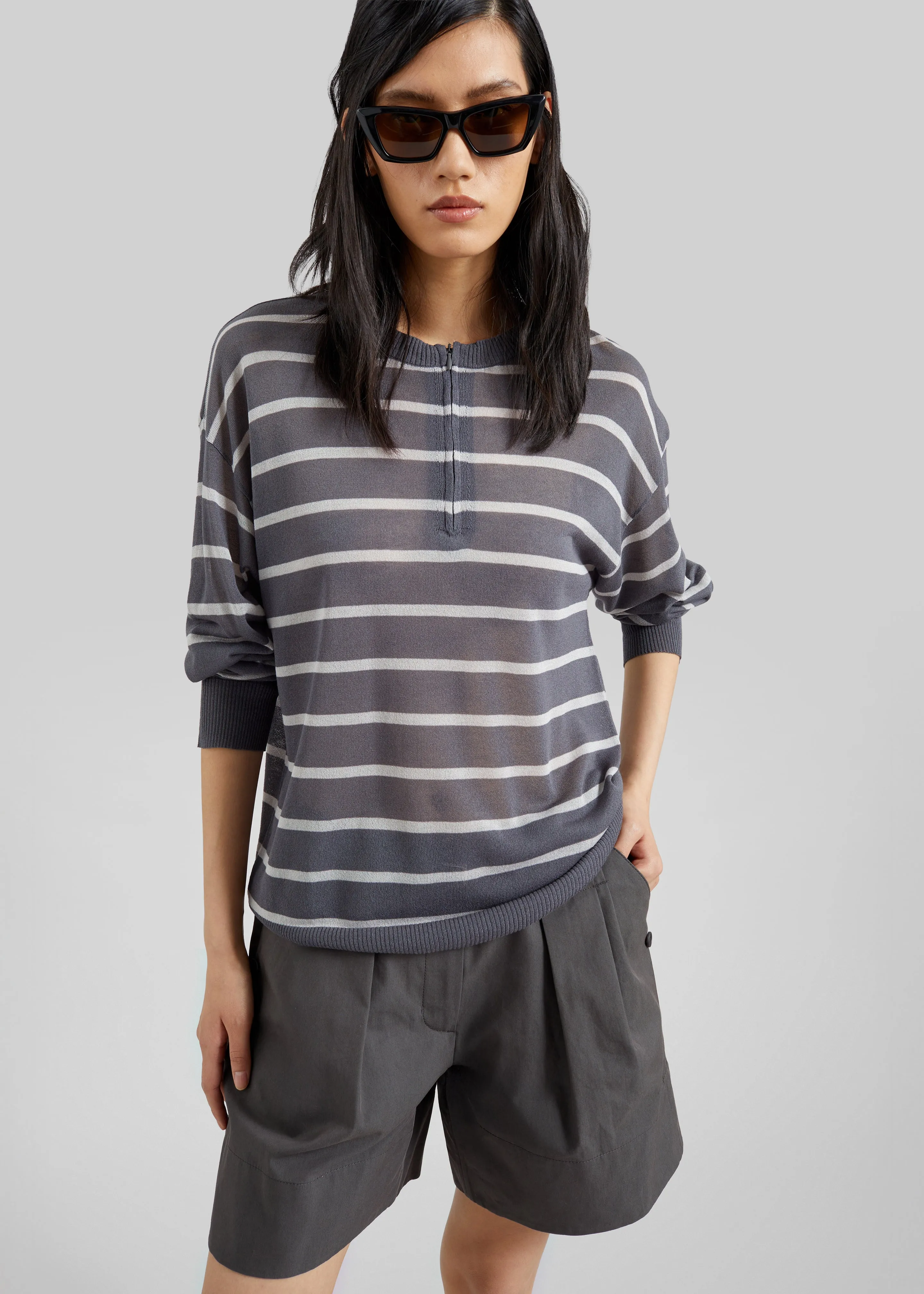 Nelas Knit Sheer Zip Pullover - Grey Stripe sold by Frankie Shop product image thumbnail 3