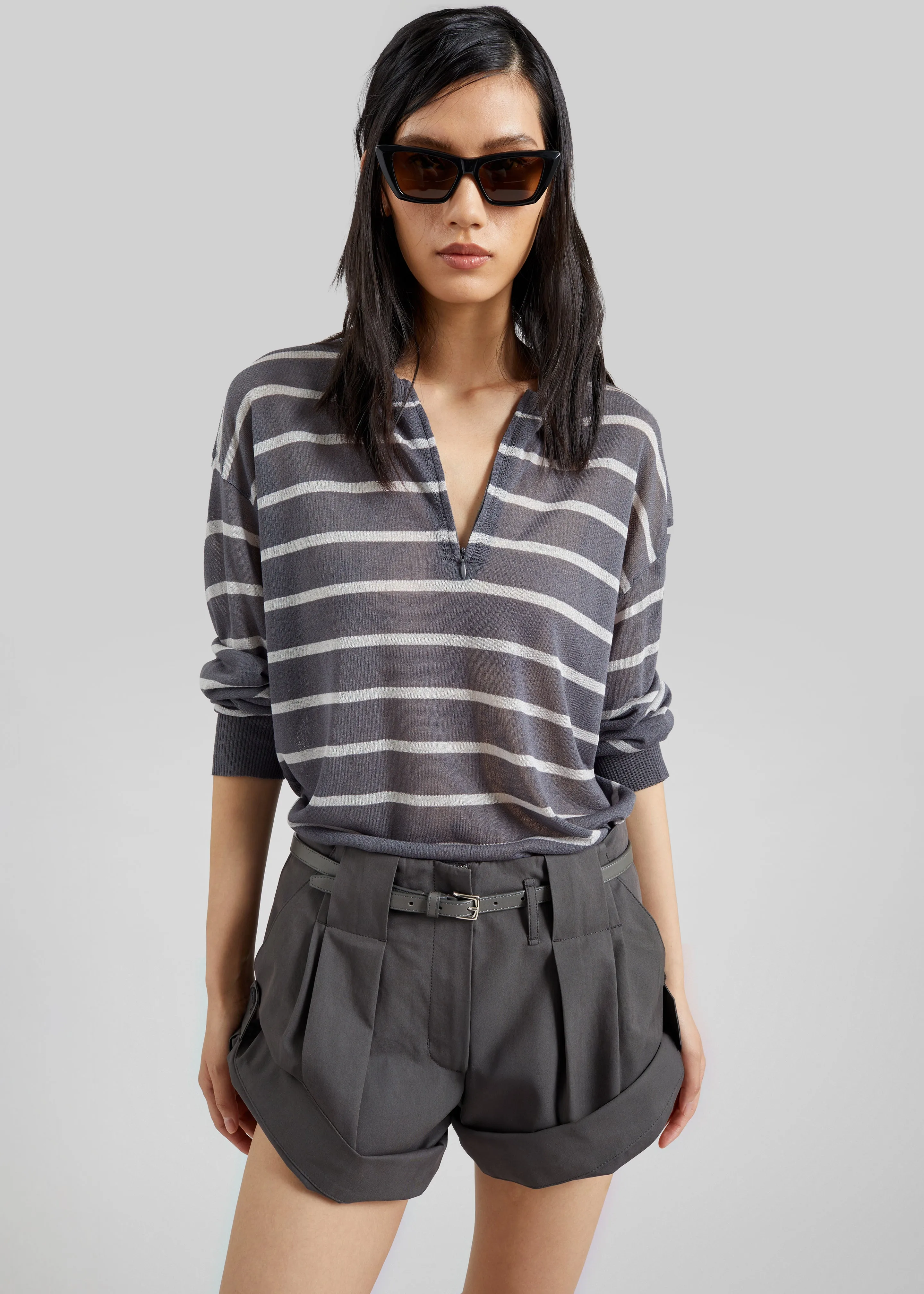 Nelas Knit Sheer Zip Pullover - Grey Stripe sold by Frankie Shop