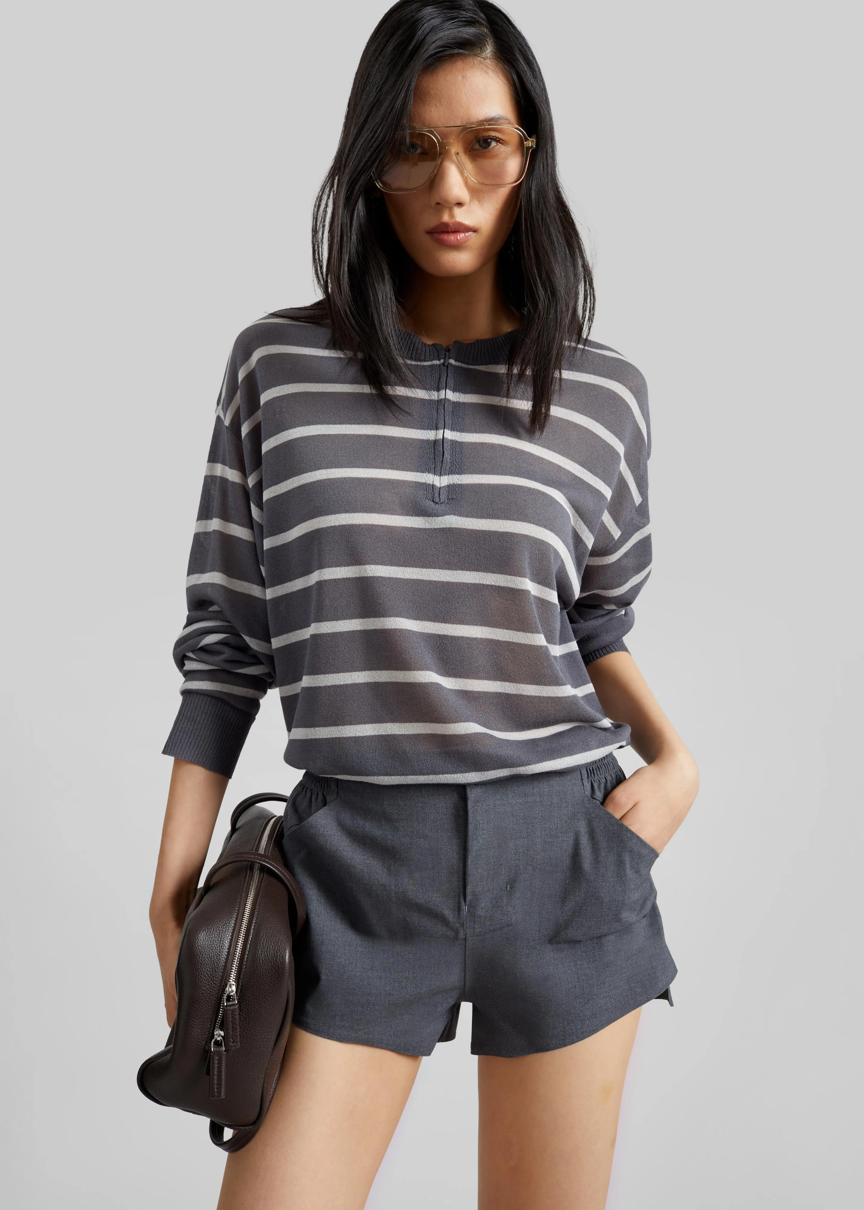 Nelas Knit Sheer Zip Pullover - Grey Stripe sold by Frankie Shop product image thumbnail 5