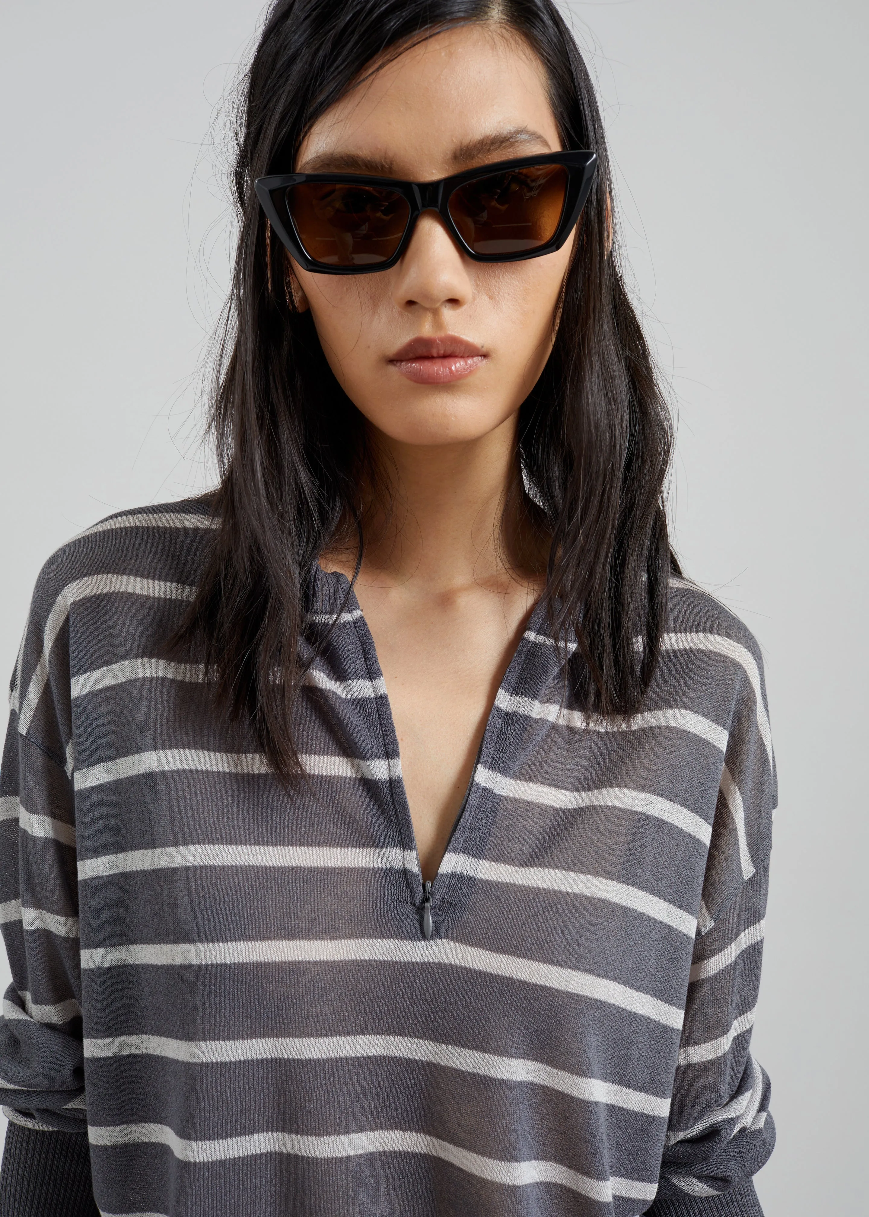Nelas Knit Sheer Zip Pullover - Grey Stripe sold by Frankie Shop product image thumbnail 2