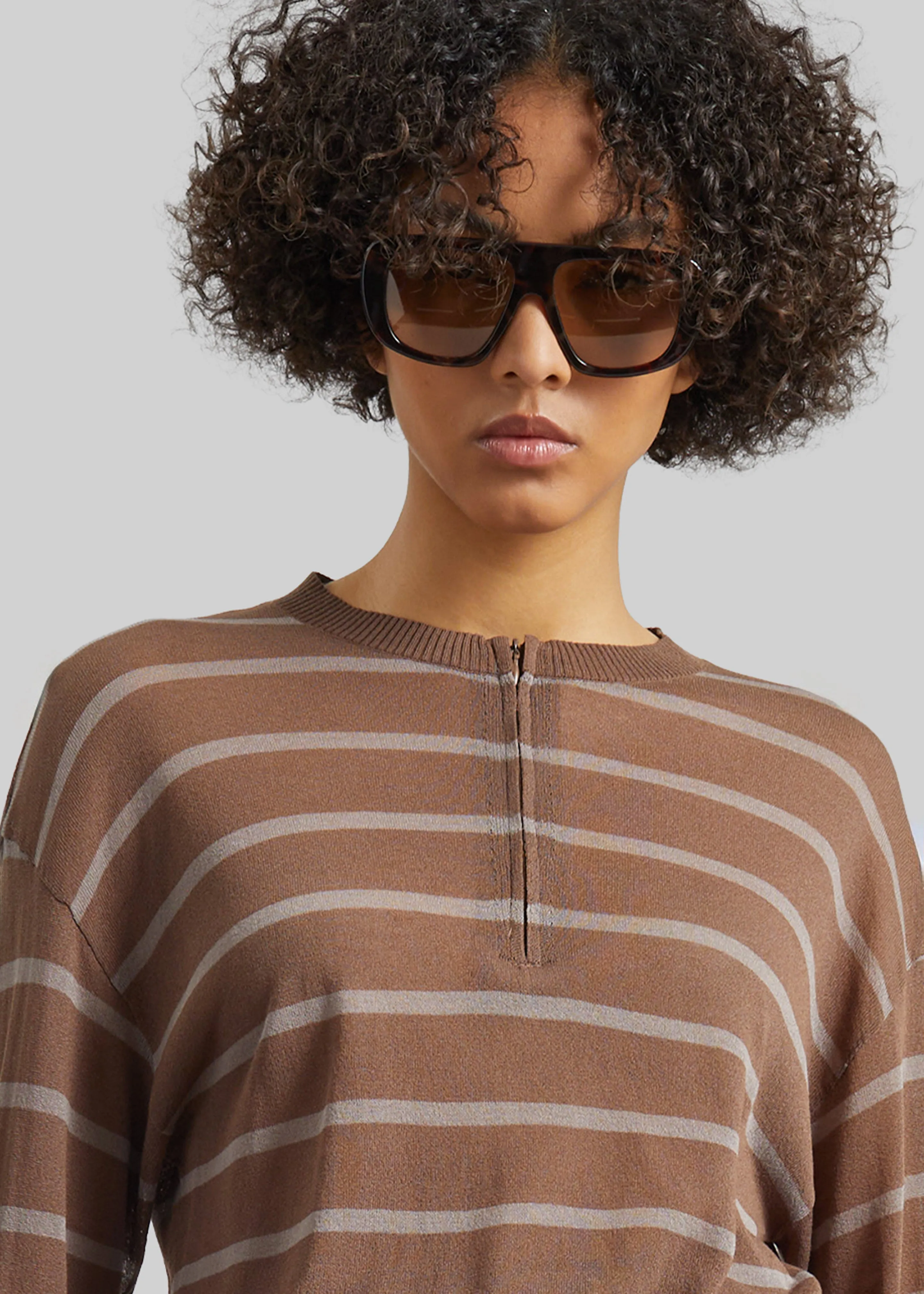 Nelas Knit Sheer Zip Pullover - Brown Stripe sold by Frankie Shop product image thumbnail 3