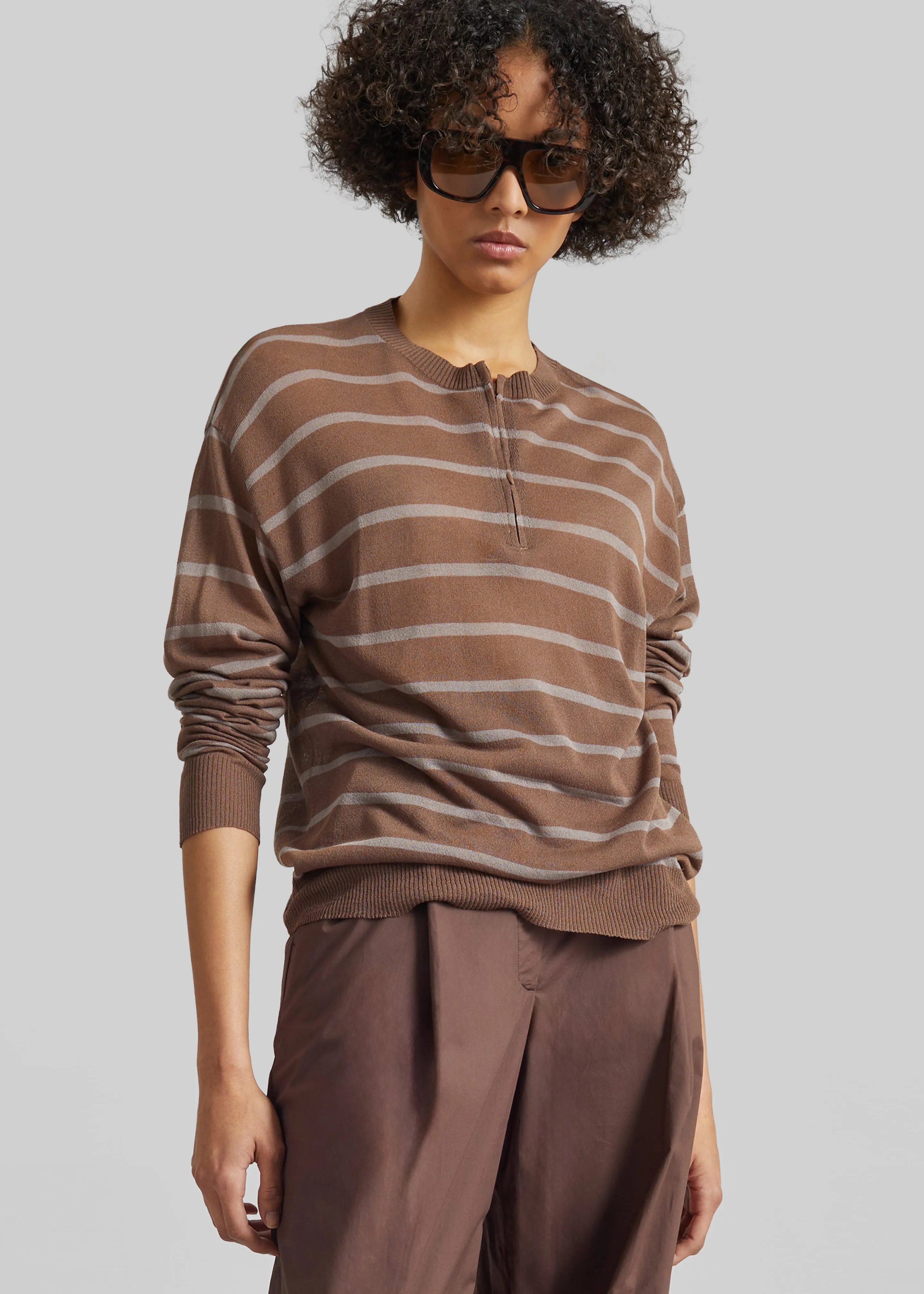 Nelas Knit Sheer Zip Pullover - Brown Stripe sold by Frankie Shop