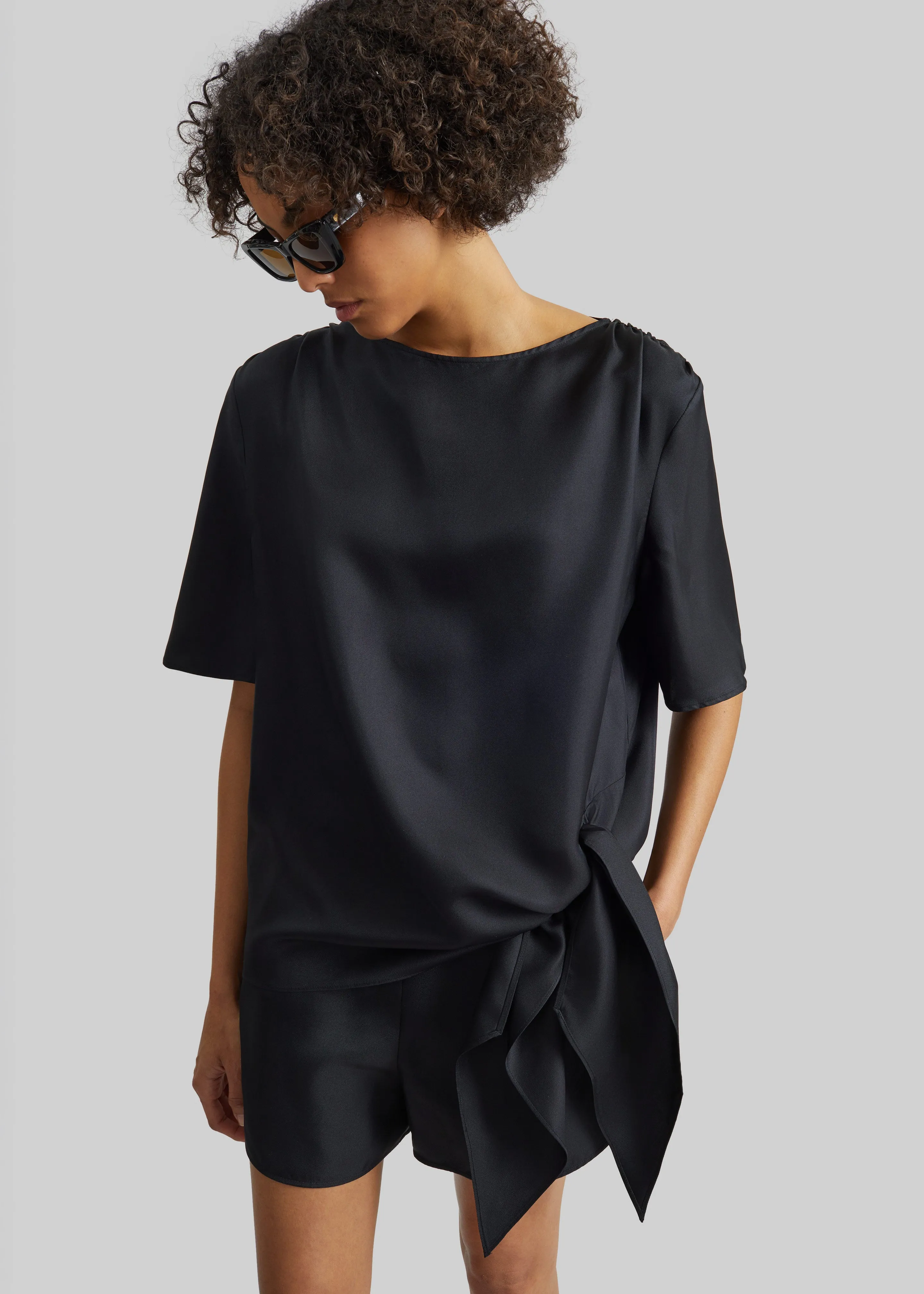 Loulou de Saison Cabo Elasticated Silk Shorts - Black sold by Frankie Shop product image thumbnail 4
