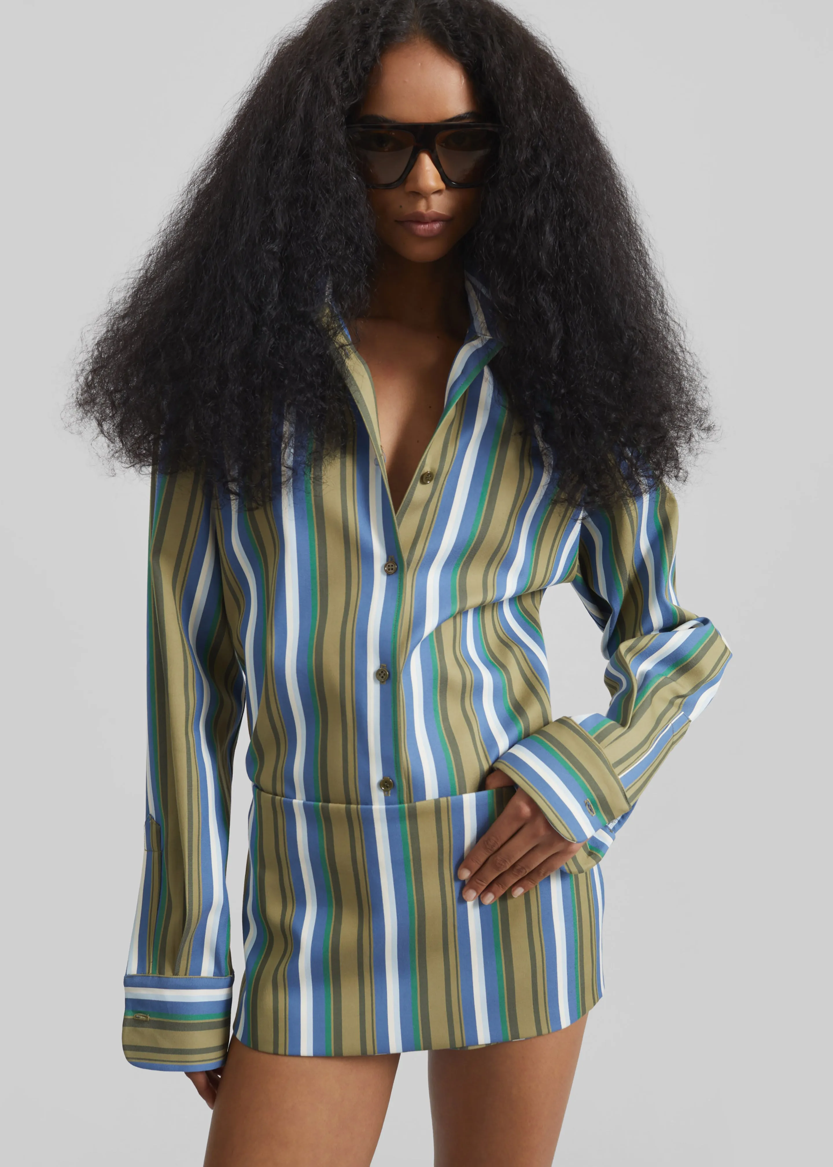 Oana Cotton Padded Shirt - Green Multi Stripe sold by Frankie Shop product image thumbnail 3