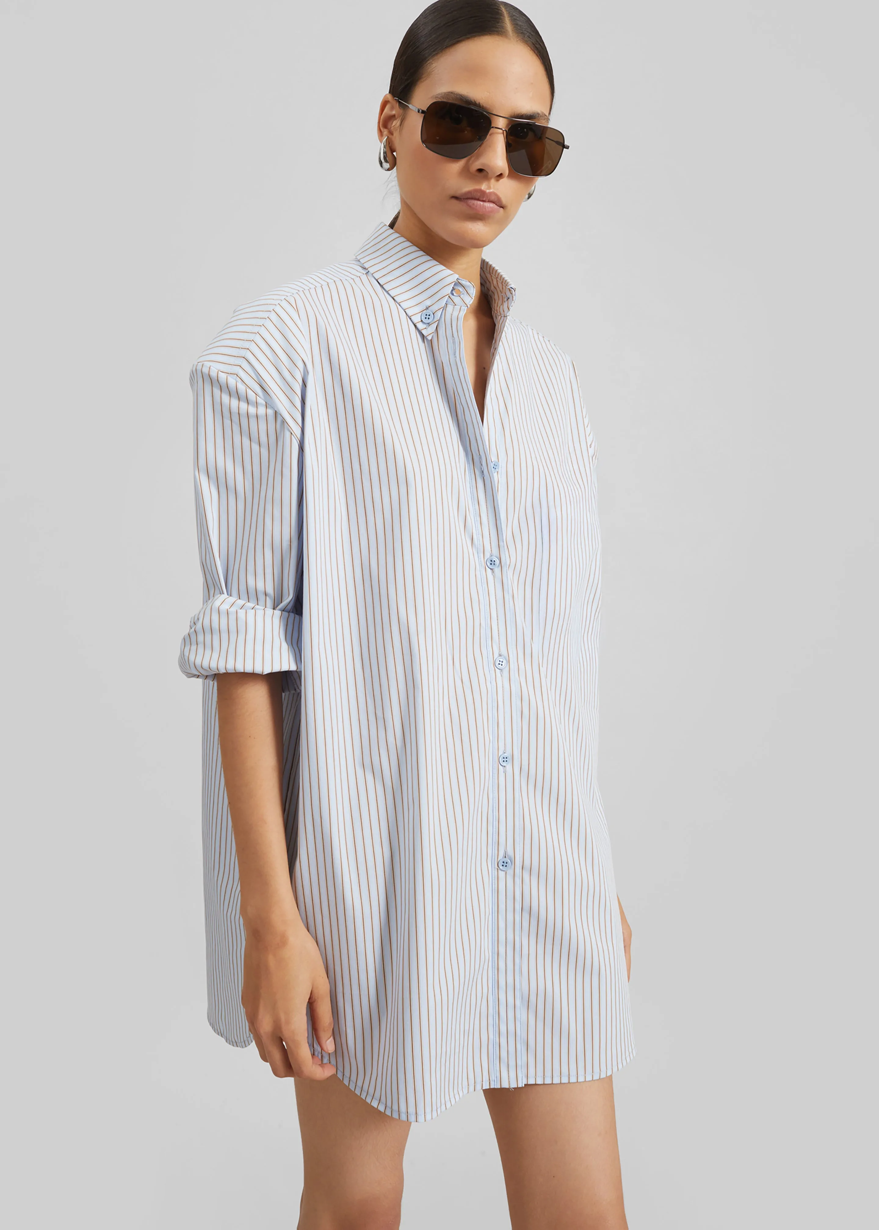 Oana Cotton Padded Shirt - Light Blue/Brown Stripe sold by Frankie Shop
