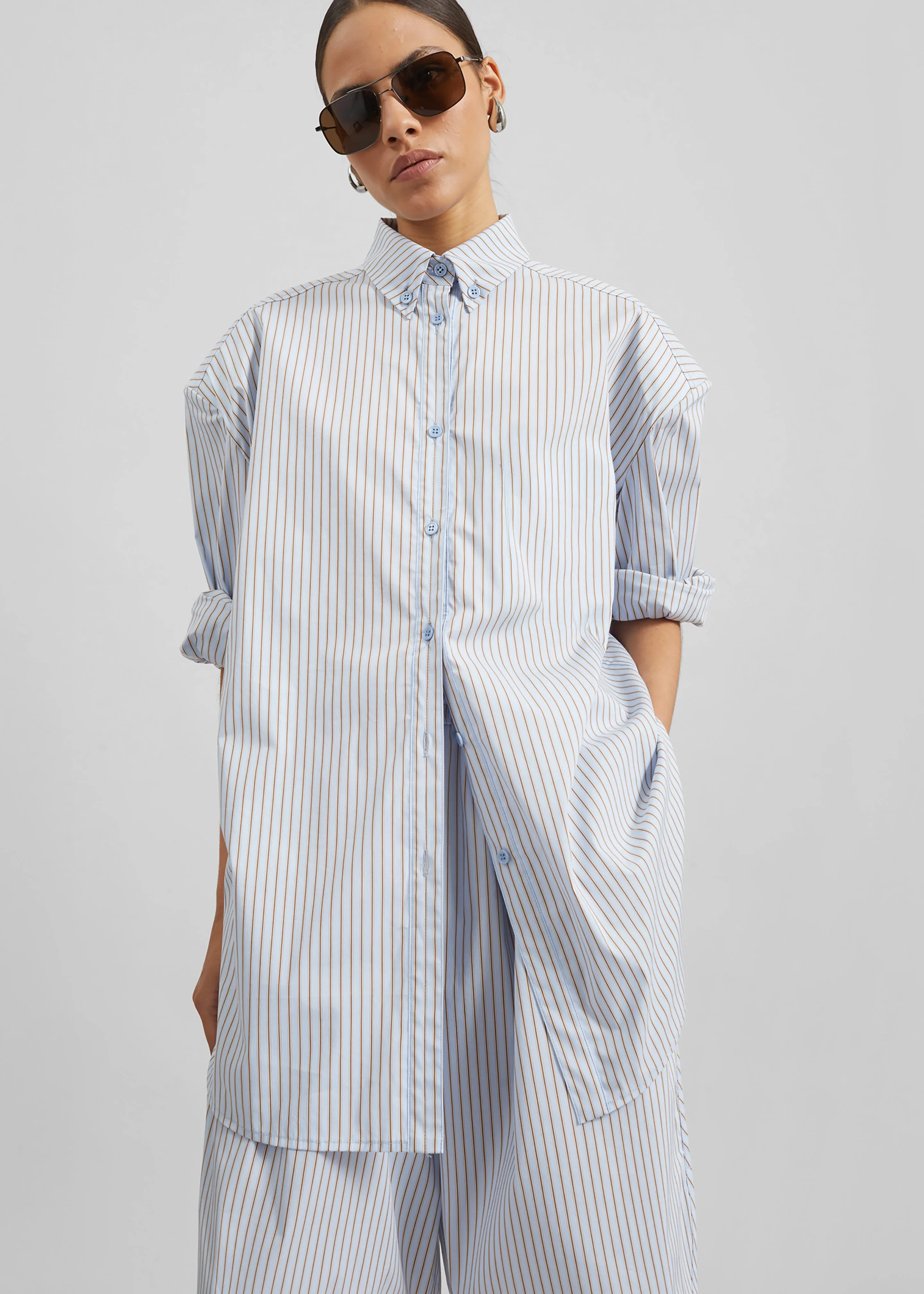 Oana Cotton Padded Shirt - Light Blue/Brown Stripe sold by Frankie Shop product image thumbnail 3