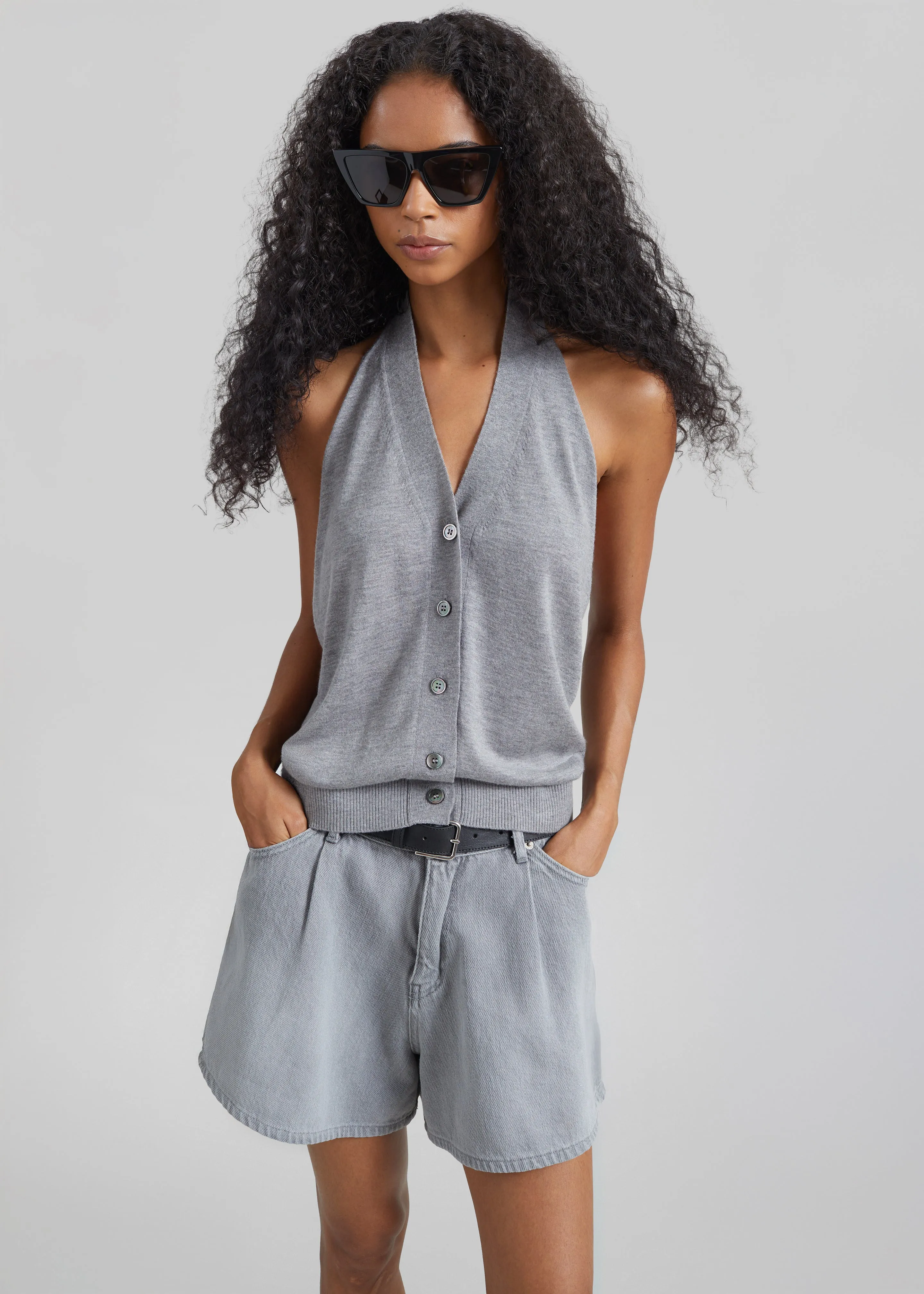 Mojave Pleated Denim Shorts - Grey Wash sold by Frankie Shop