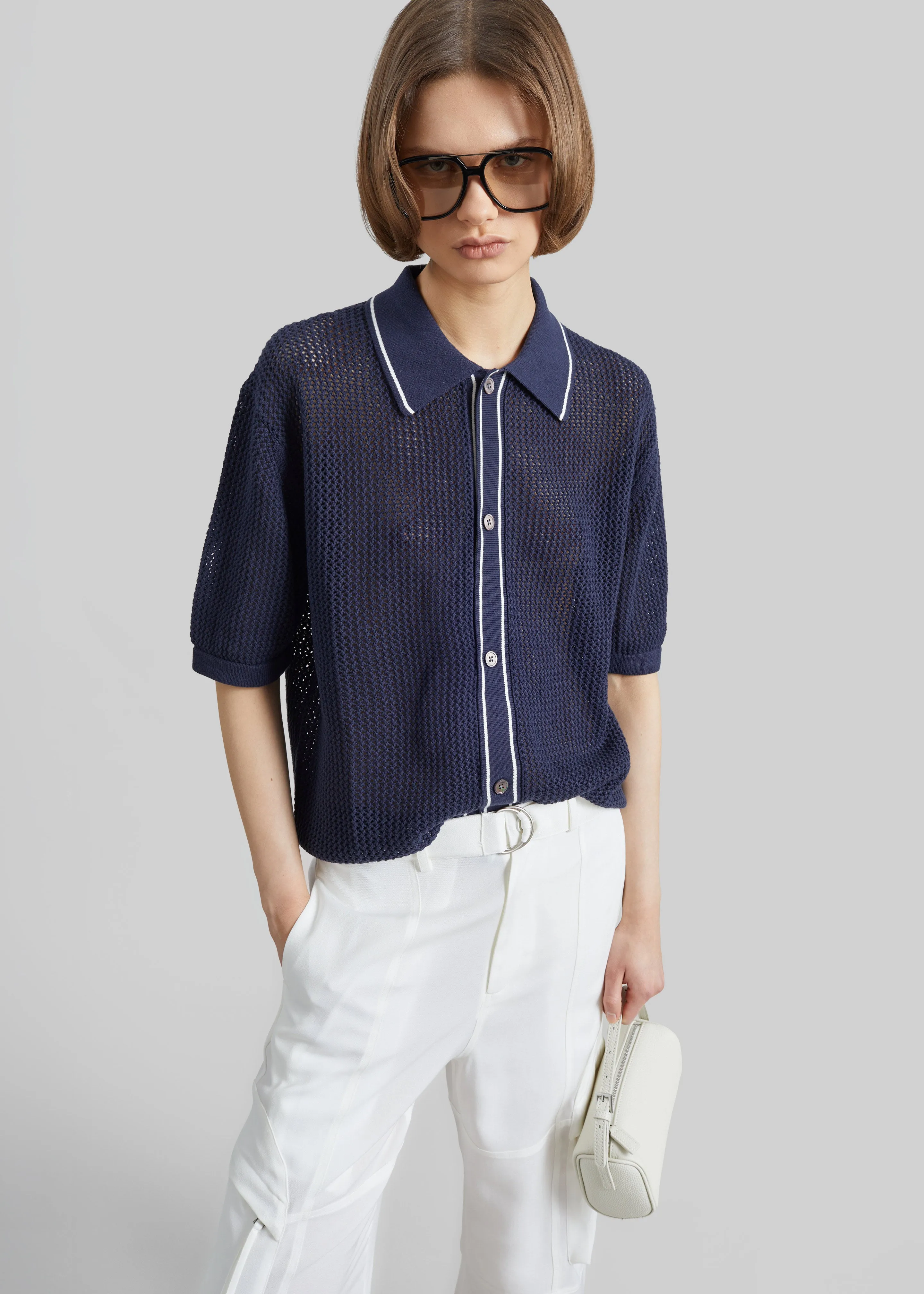 Monza Crochet Knit Cardigan - Navy sold by Frankie Shop