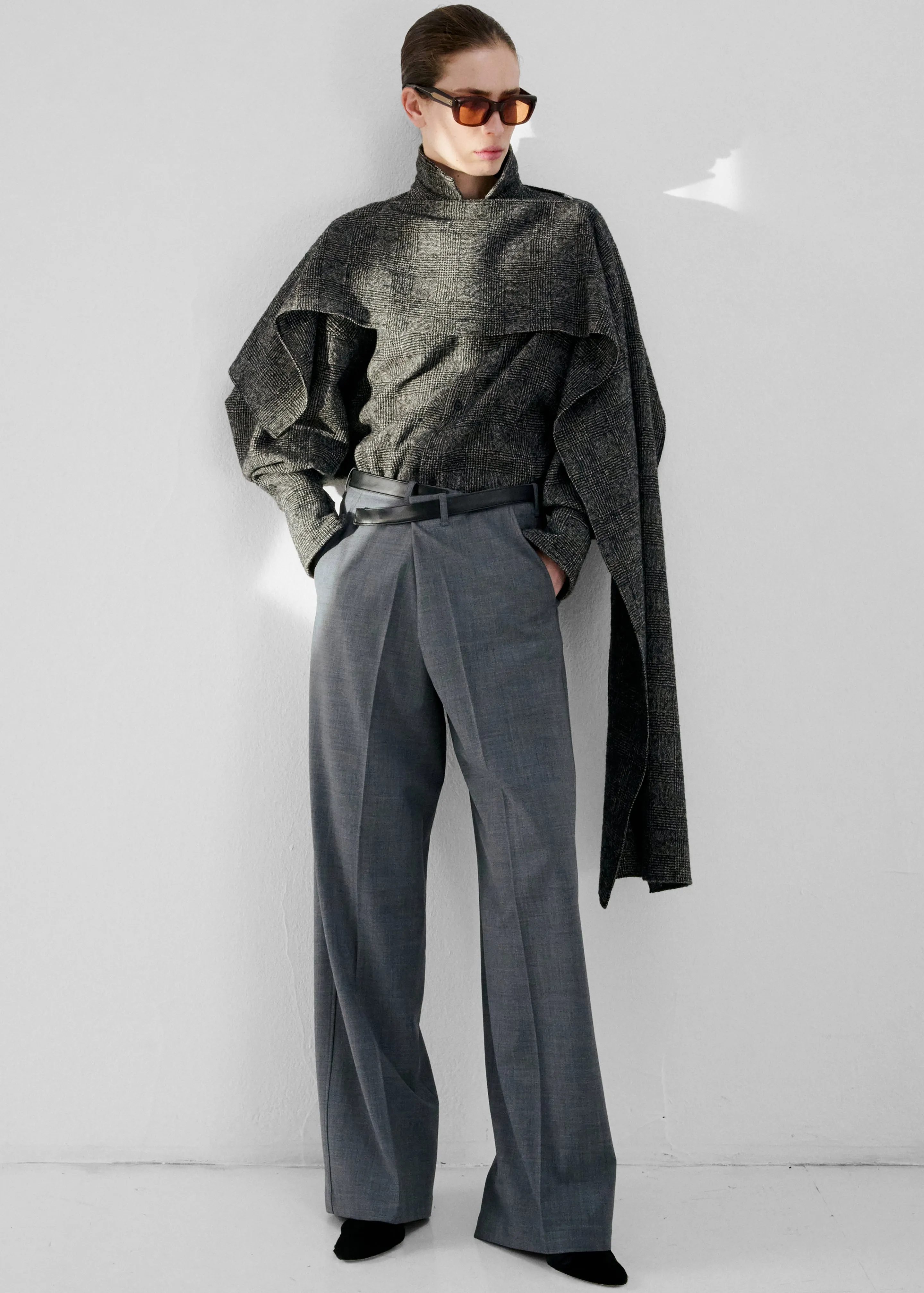 Darkpark Gaia Wide Leg Wool Pants With Leather Belt - Grey sold by Frankie Shop