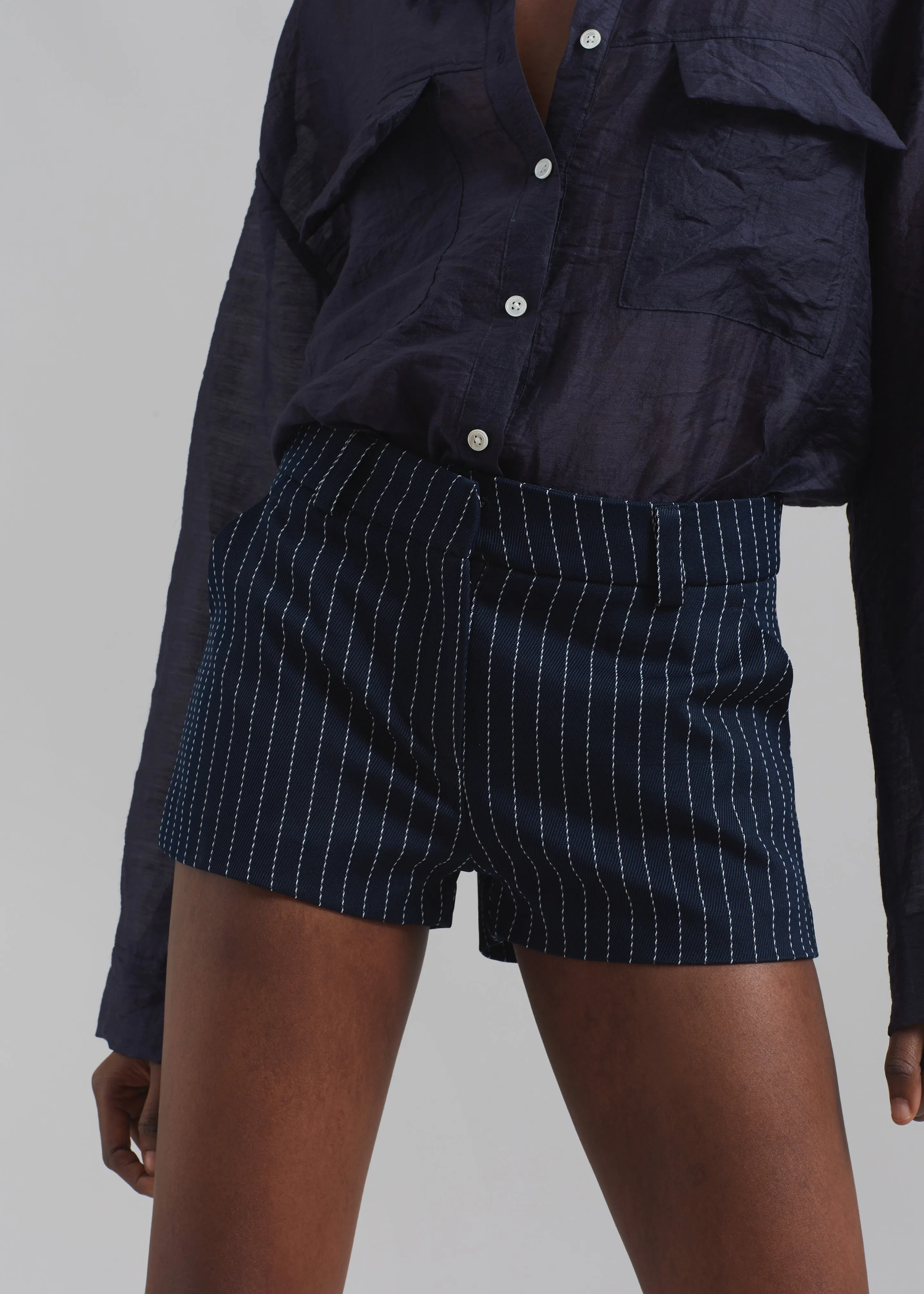 Kate Twill Mini Shorts - Navy/White Pinstripe sold by Frankie Shop